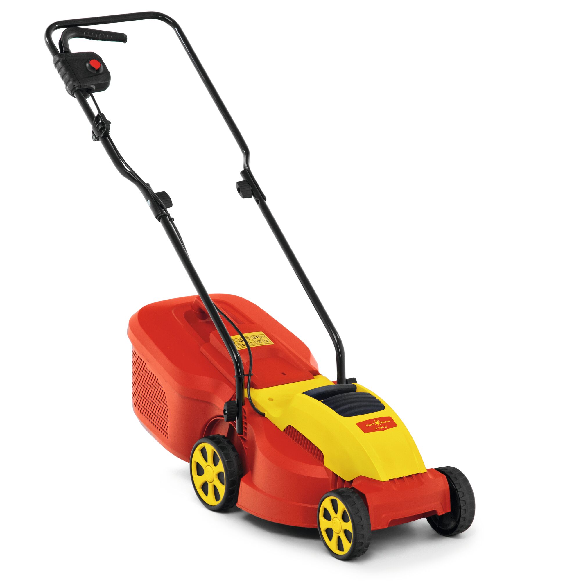 A red and yellow WOLFGarten lawn mower with four wheels, a black handle, and a grass collection box at the back.