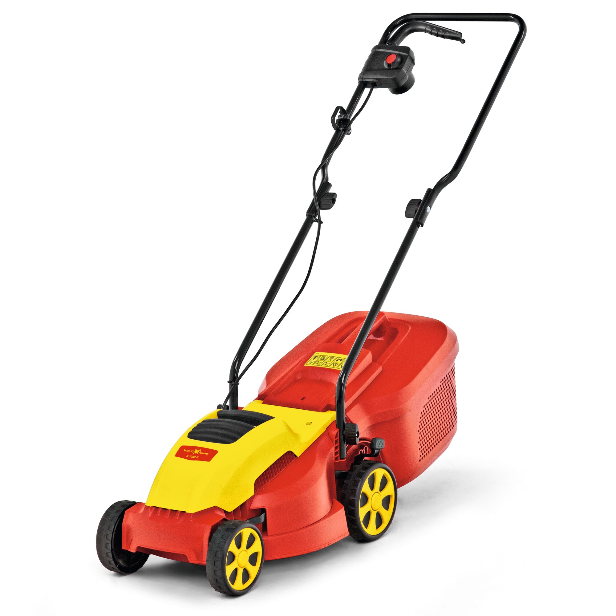 A red and yellow electric lawn mower with a black handle and four yellow-rimmed wheels, designed for garden grass cutting.