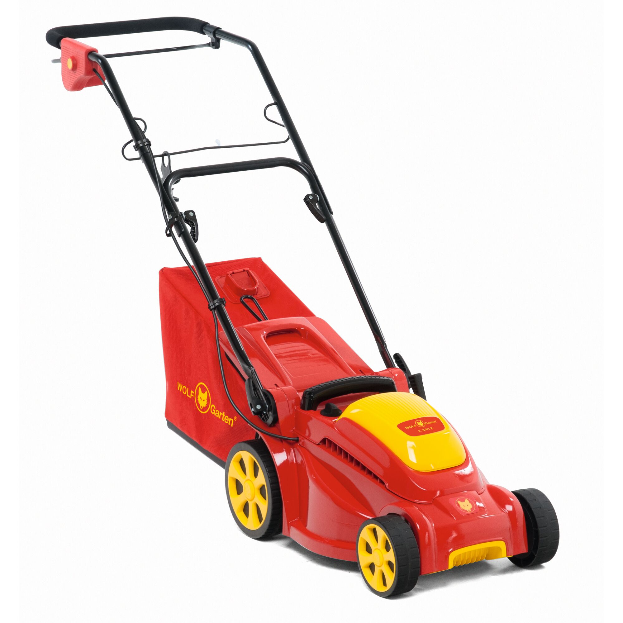A red and yellow WOLF-Garten electric lawn mower with a grass collection bag, featuring a sturdy handle and four wheels.