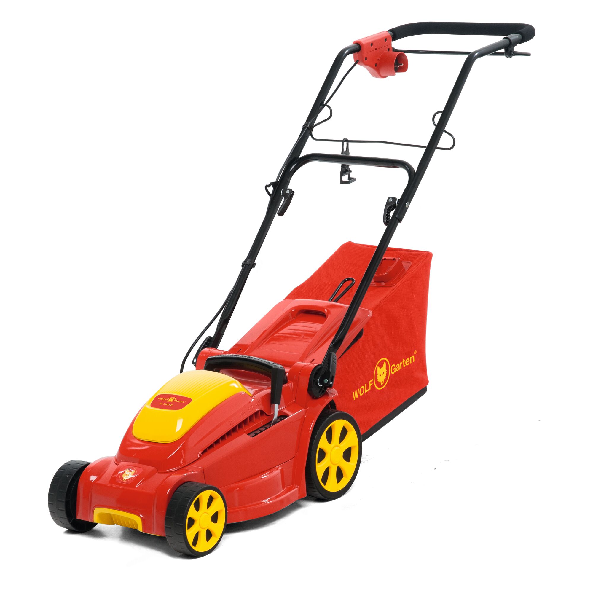 A red and yellow electric lawn mower with a grass collection box and black handle, branded WOLFGarten.