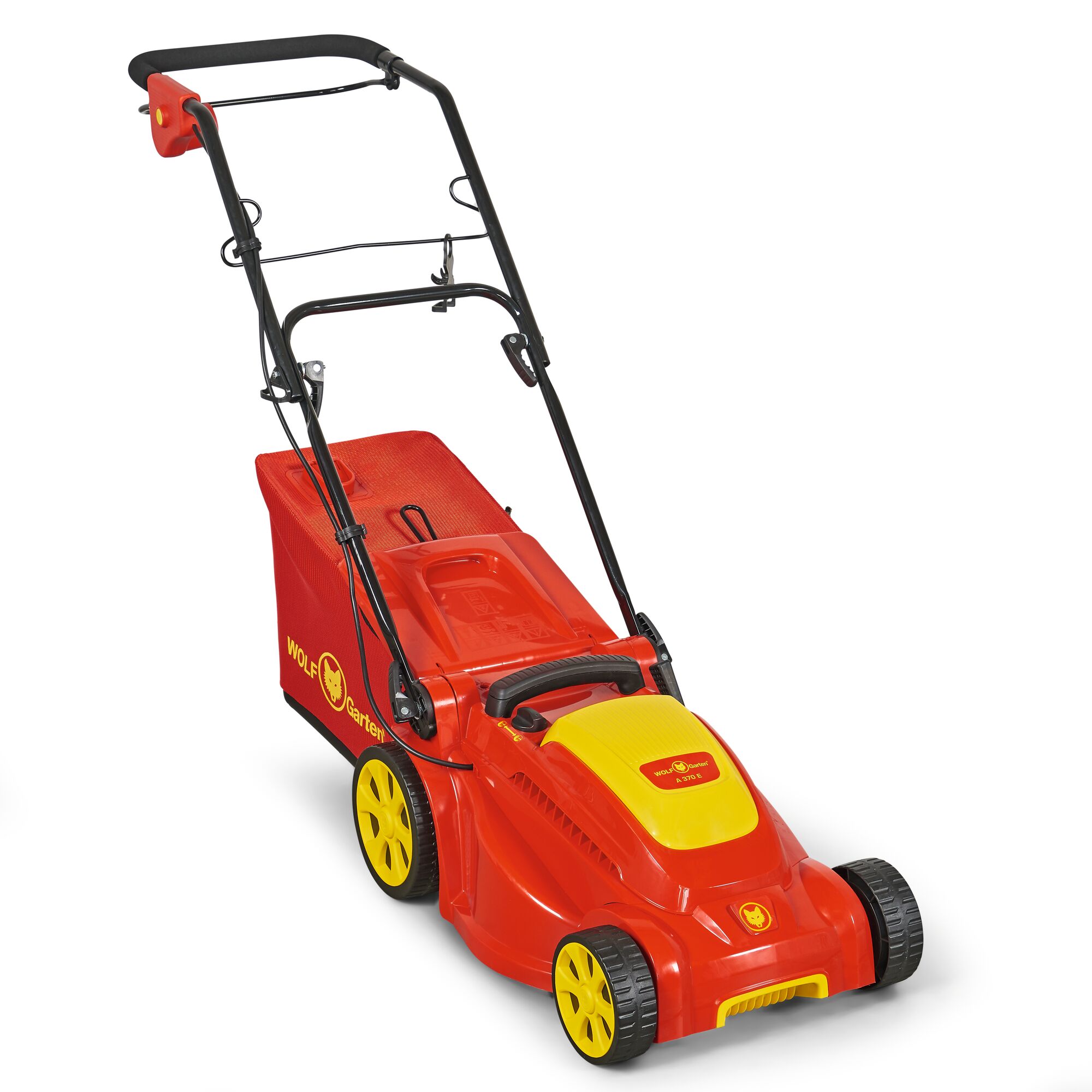 A red and yellow electric lawn mower with a rear grass collection bag, featuring a sturdy handle and four wheels. The mower displays the WOLFGarten branding.