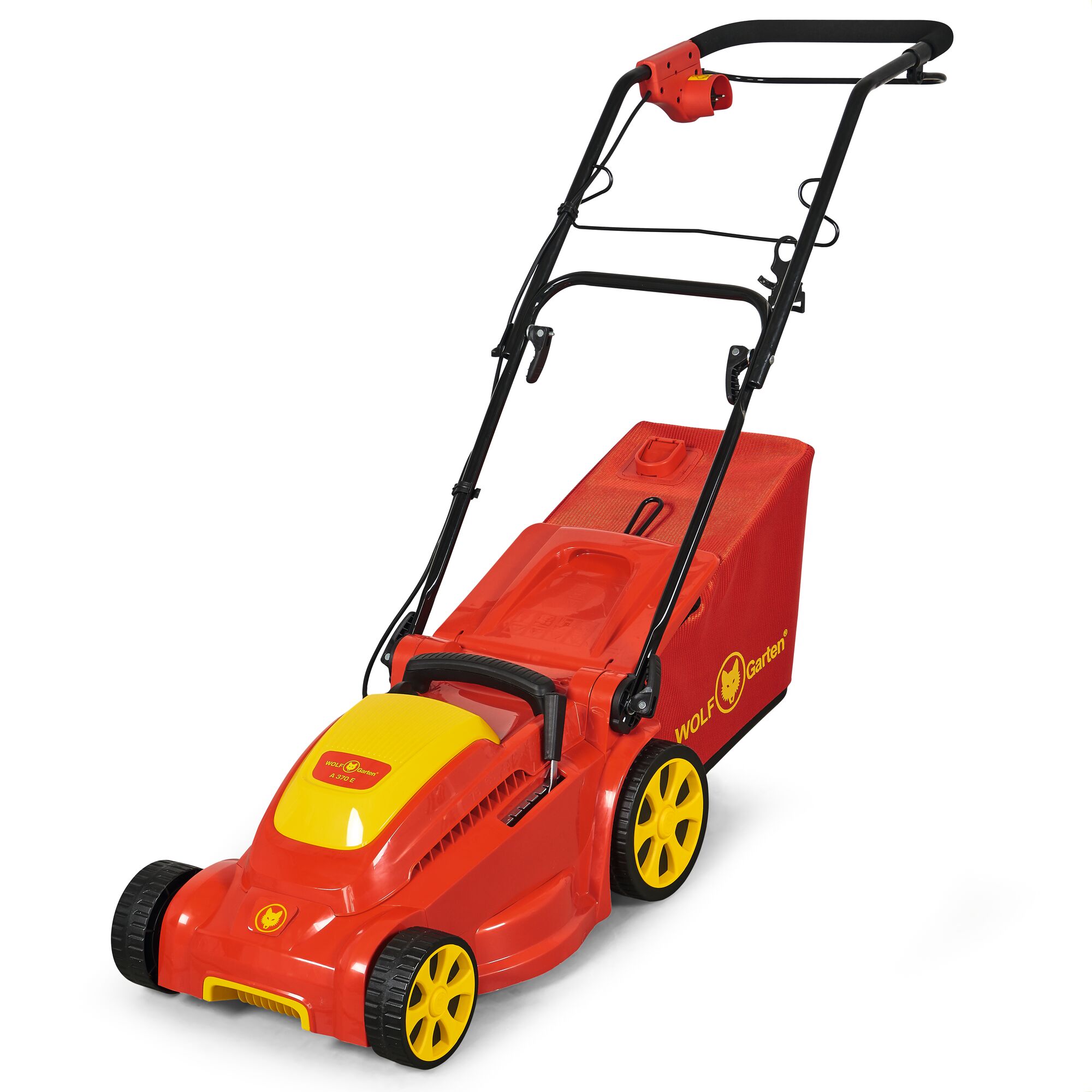 A red and yellow WOLFGarten lawn mower with four black and yellow wheels, a grass collection box at the back, and a black handlebar.