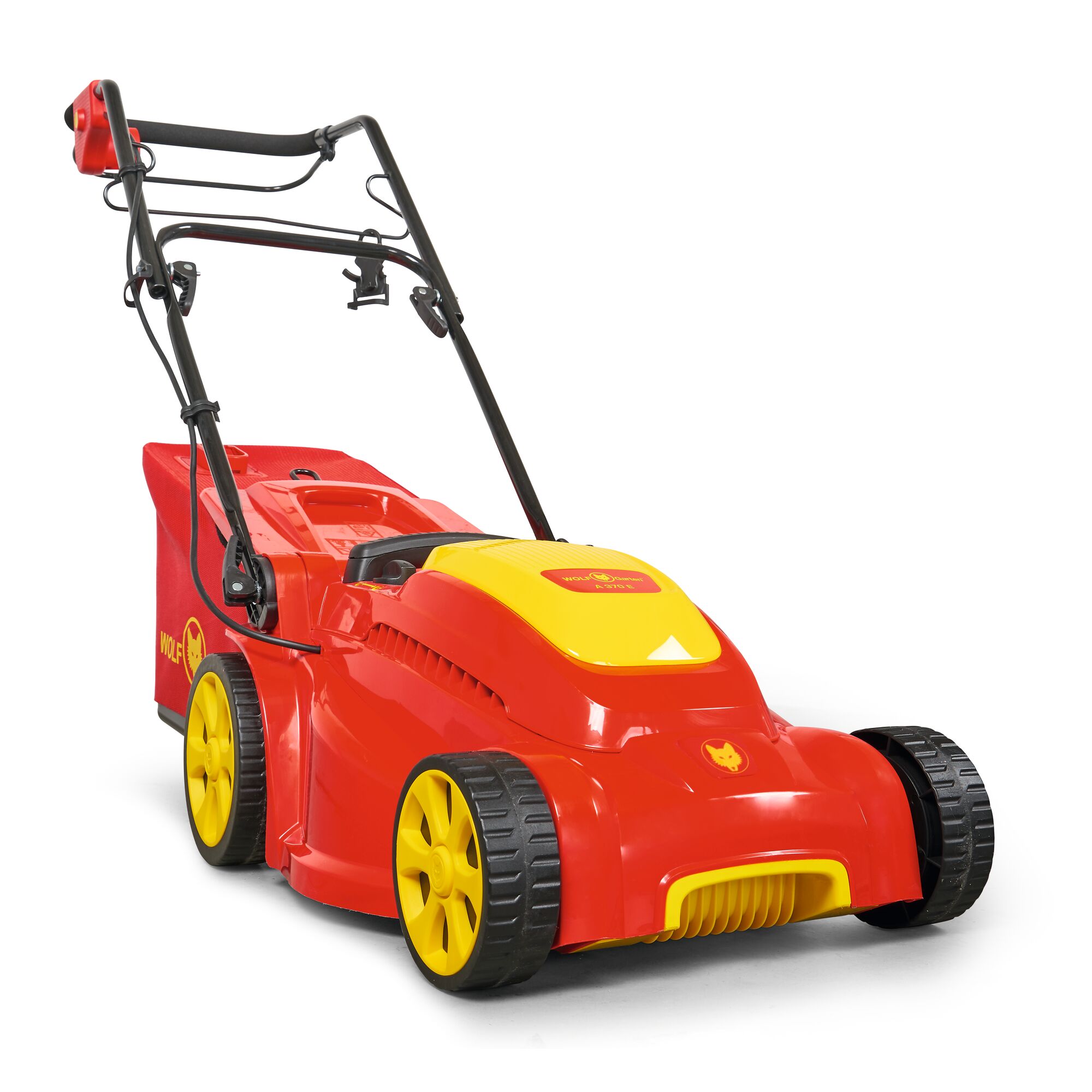 A red and yellow lawn mower with black handle, designed for home gardening. The mower has large yellow wheels and a grass collection box at the back.
