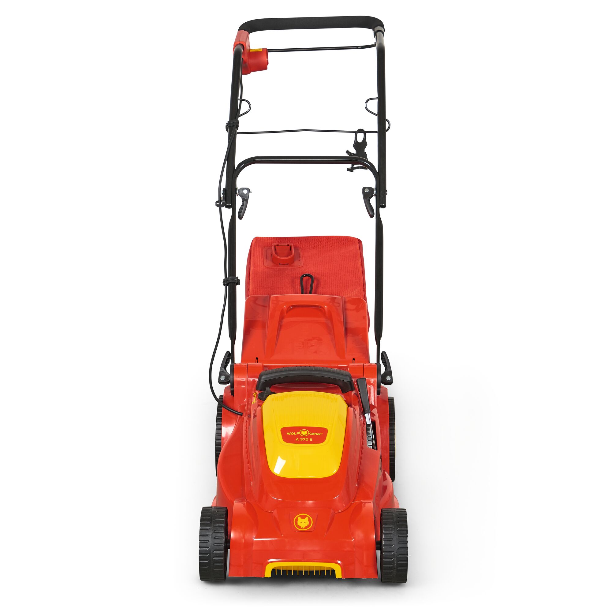 Front view of a red and yellow WOLFGarten electric lawn mower, featuring a handle, wheels, and grass collection bag, placed against a white background.