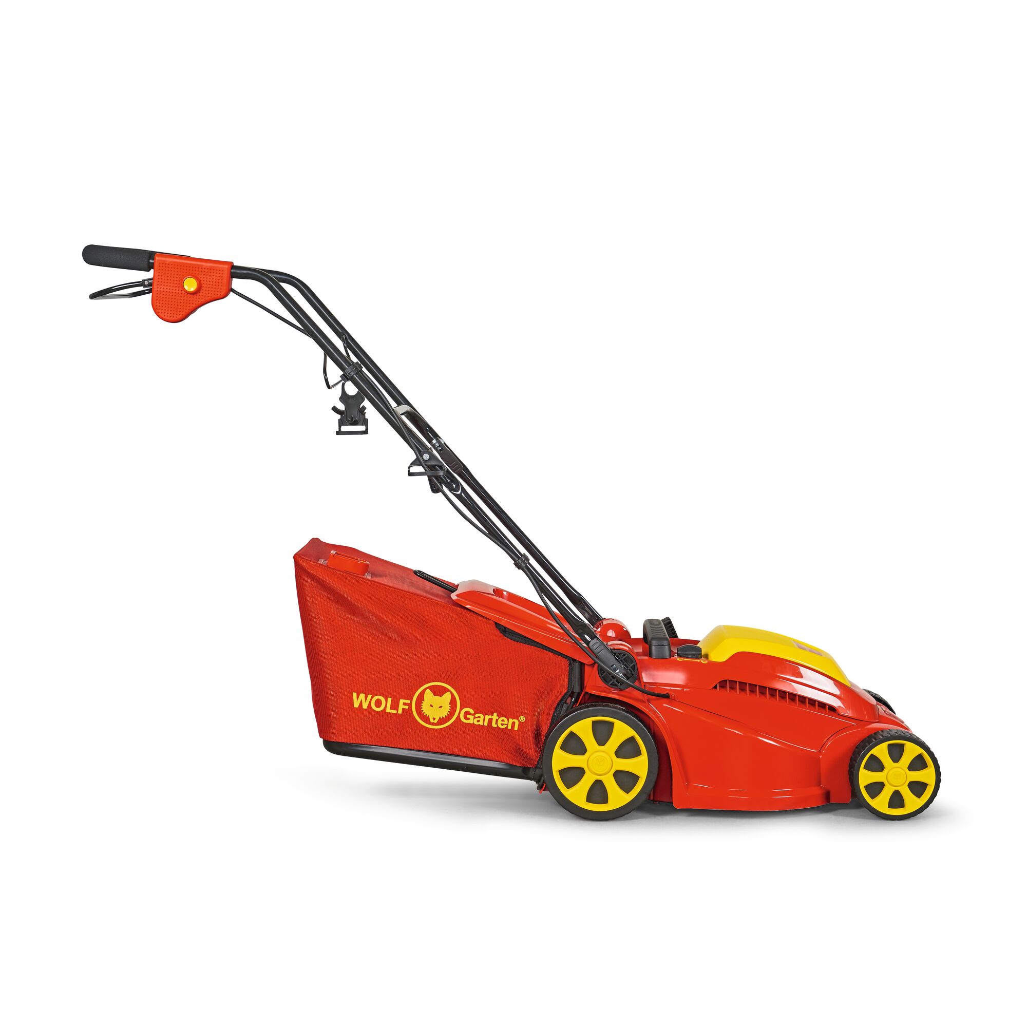 A red and yellow WOLFGarten lawn mower with a grass collection bag, shown in side view on a white background.