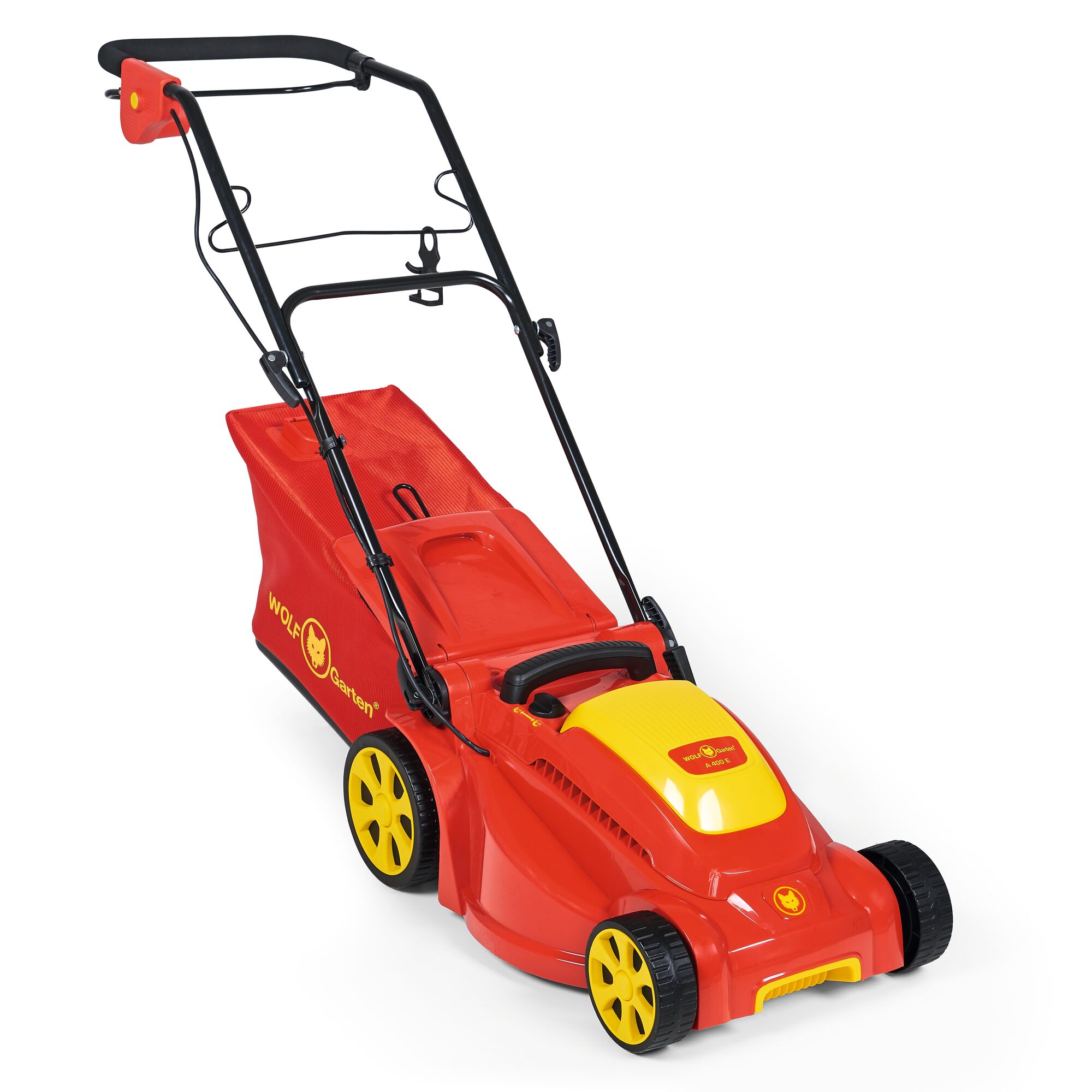 A red and yellow electric lawn mower with a black handle and four wheels. The mower has a grass collection bag attached at the back, branded with the WOLF-Garten logo.