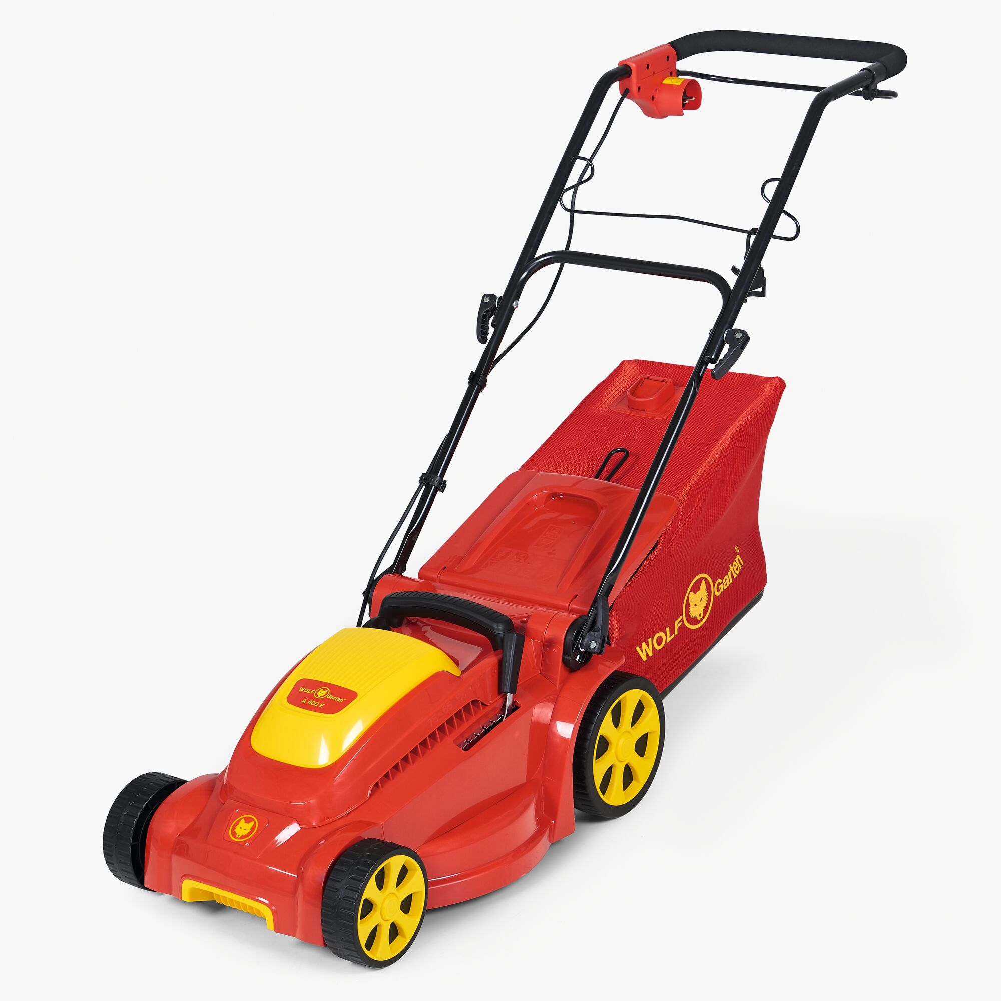 A red and yellow WOLFGarten electric lawn mower with a grass collection box, shown on a white background.