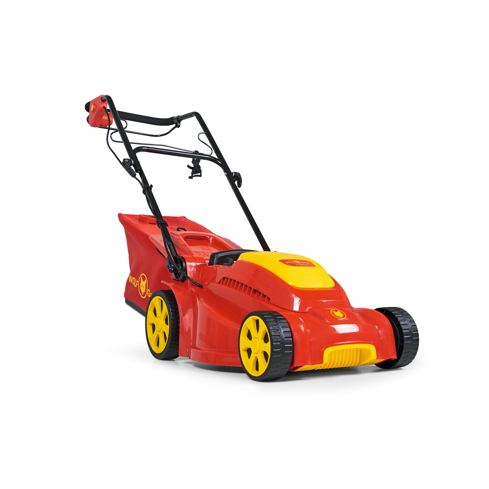 A red and yellow electric lawn mower with a grass collection bag and four wheels, shown on a white background.