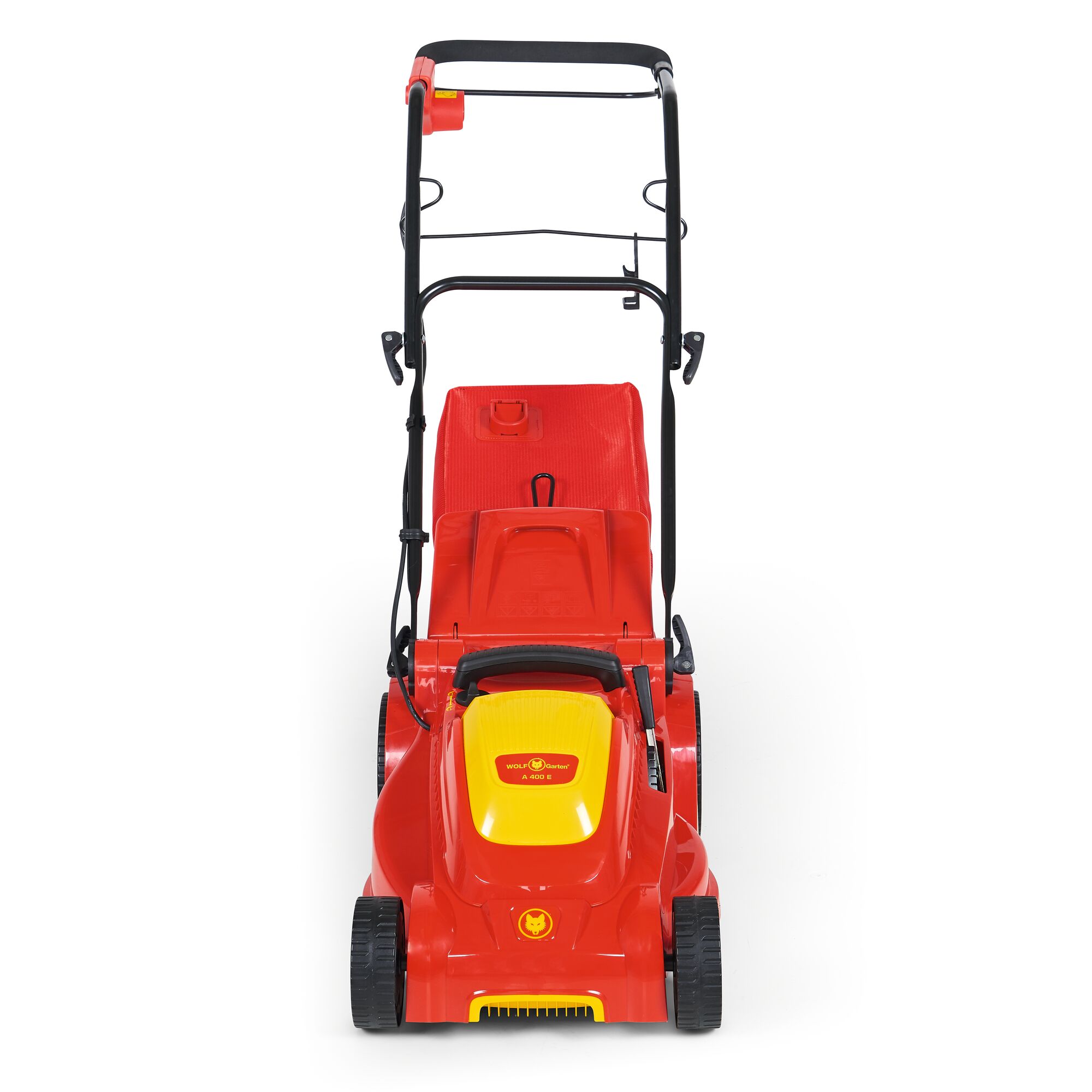 Front view of a red and yellow WOLFGarten lawn mower with a grass collection box, photographed on a white background.