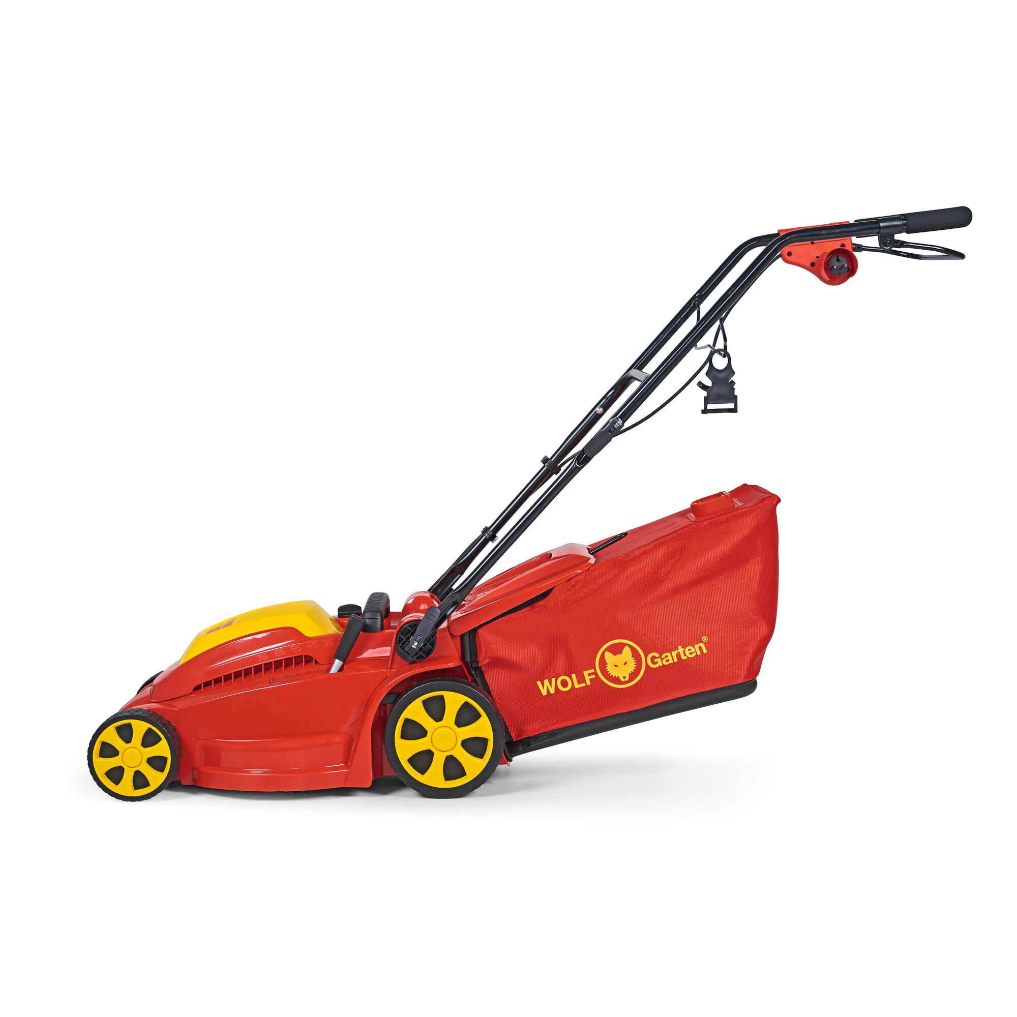 Side view of a red and yellow WOLF Garten lawn mower with a grass collection bag attached.