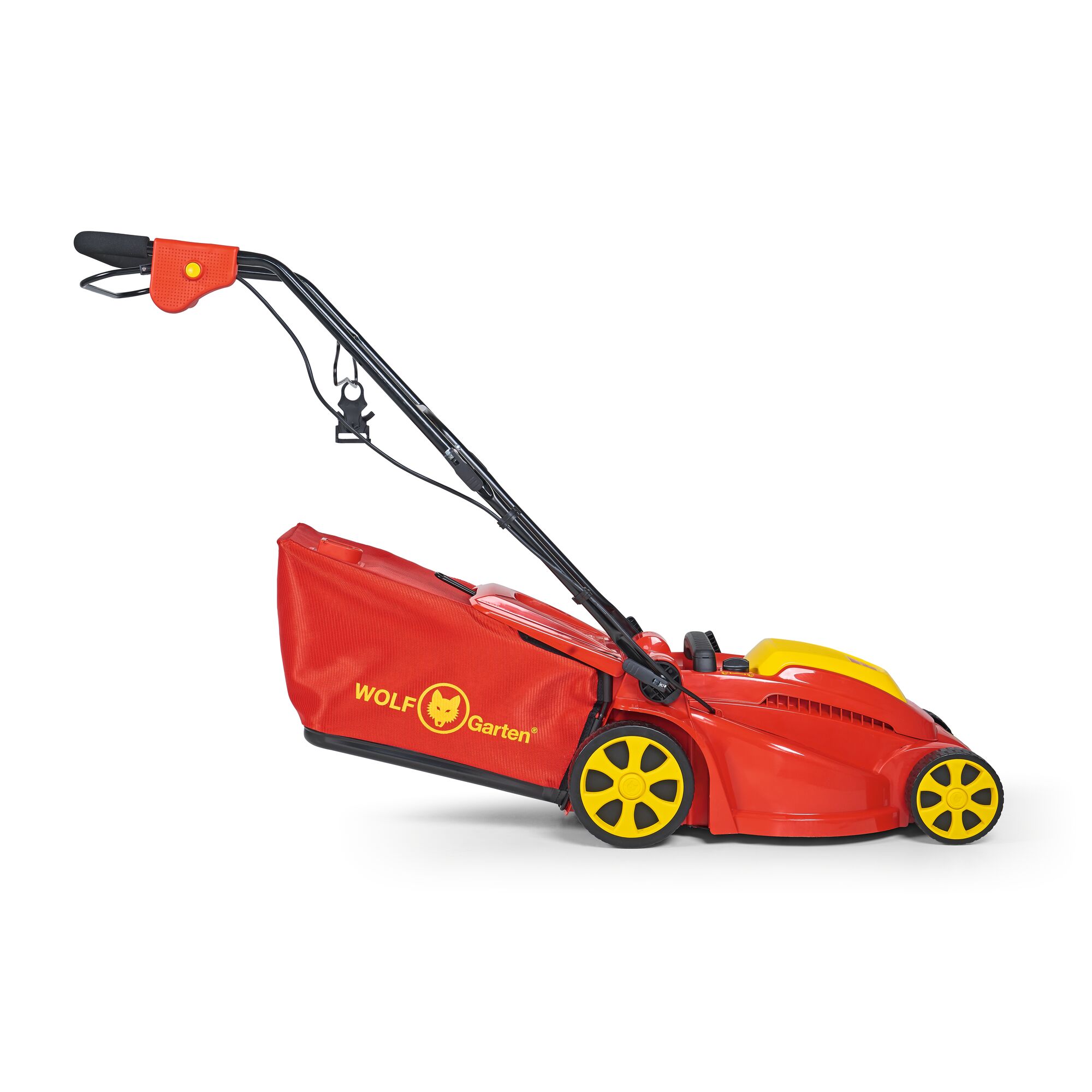 Side view of a red and yellow WOLF-Garten electric lawn mower with a collection bag and handle, suitable for garden maintenance.