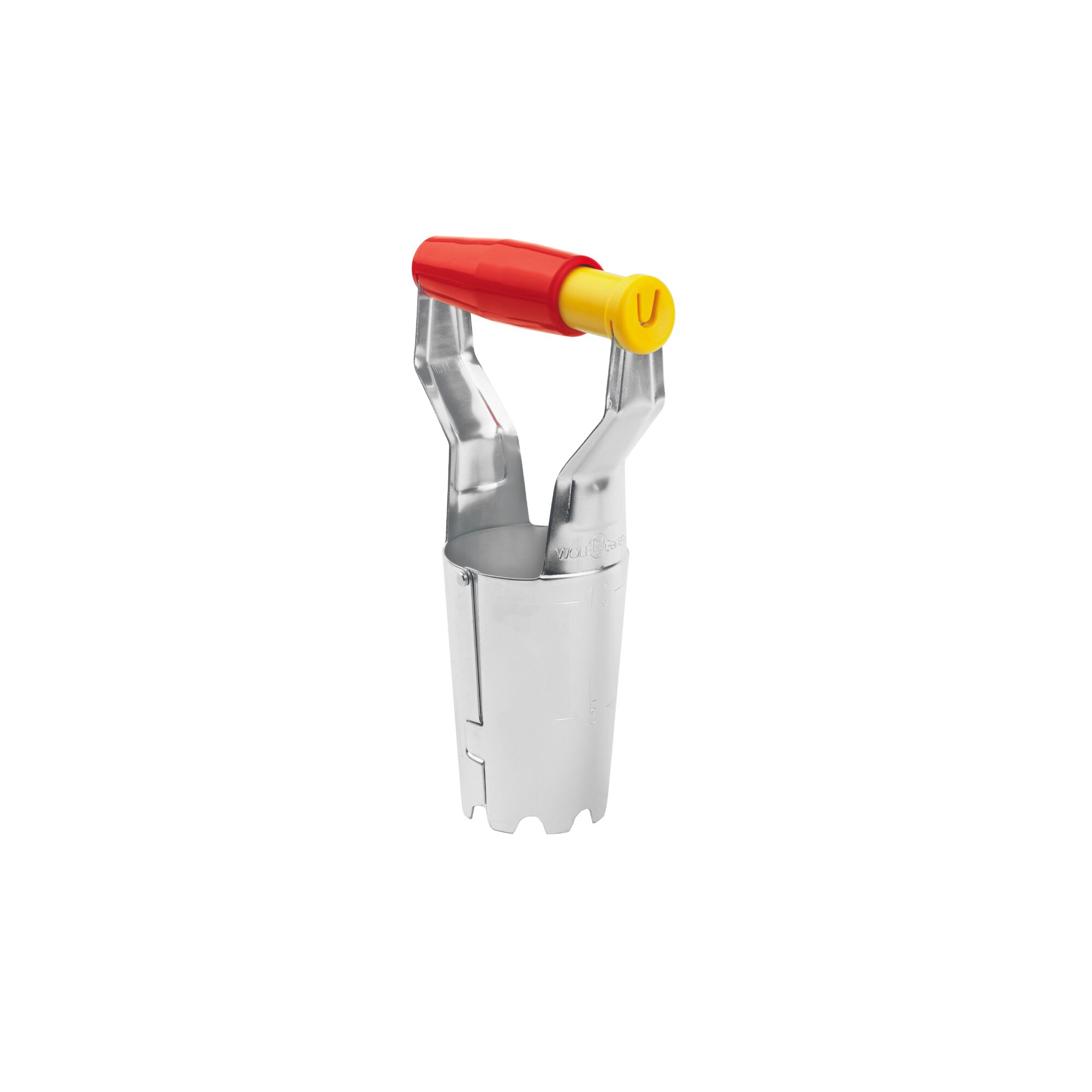 A metal garden tool with a red and yellow handle, designed for digging up weeds or planting bulbs, shown against a white background.