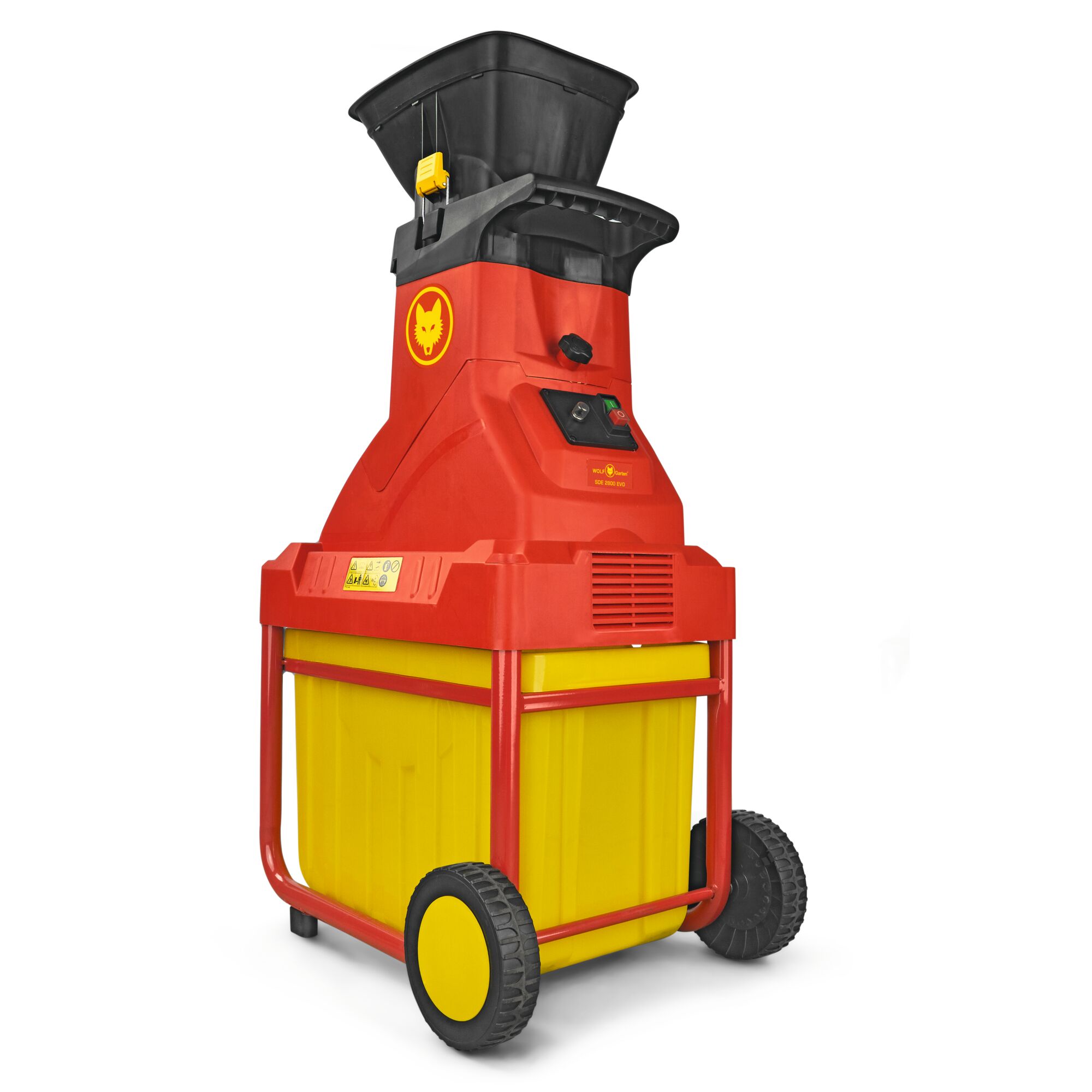 A red and yellow garden shredder with wheels and a black hopper, designed for outdoor waste processing. The product features the WOLFGarten logo on its front.