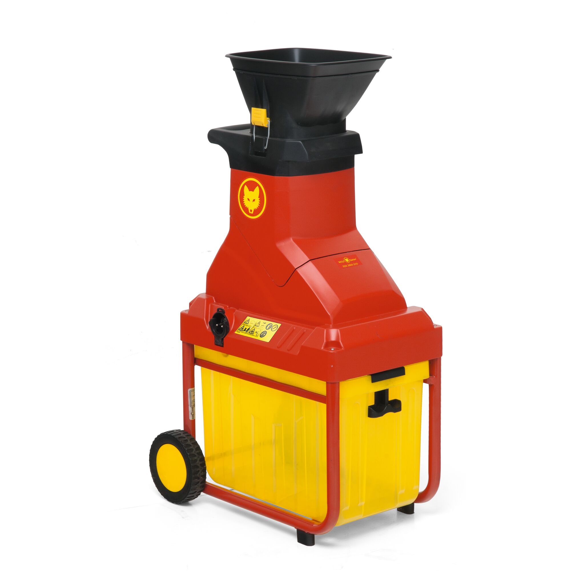A WOLFGarten electric garden shredder with red and yellow body, black hopper, and wheels, designed for shredding garden waste.