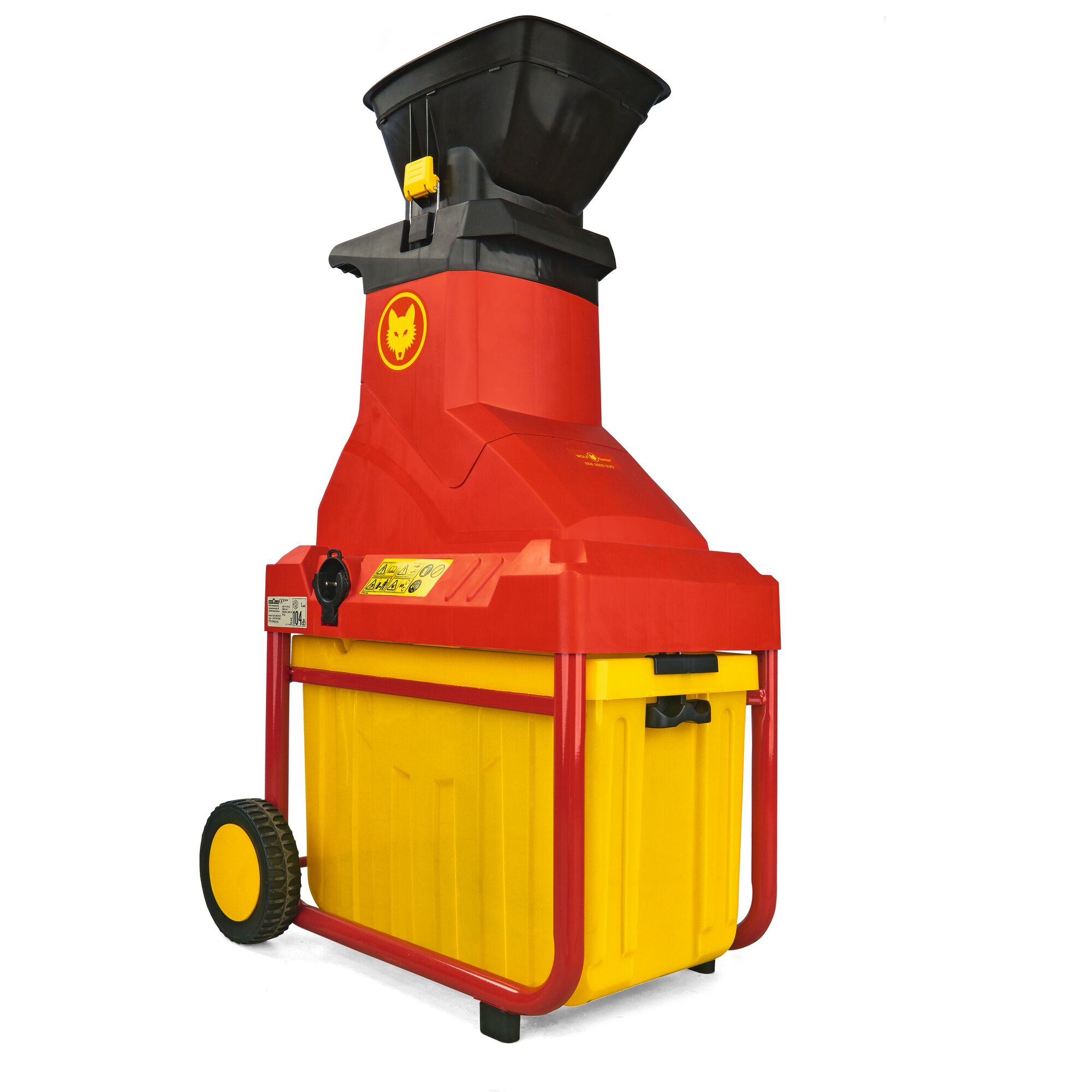 A red and yellow electric garden shredder with wheels, a large black hopper on top, and a yellow collecting box at the bottom. The device has the WOLF-Garten logo on the front.