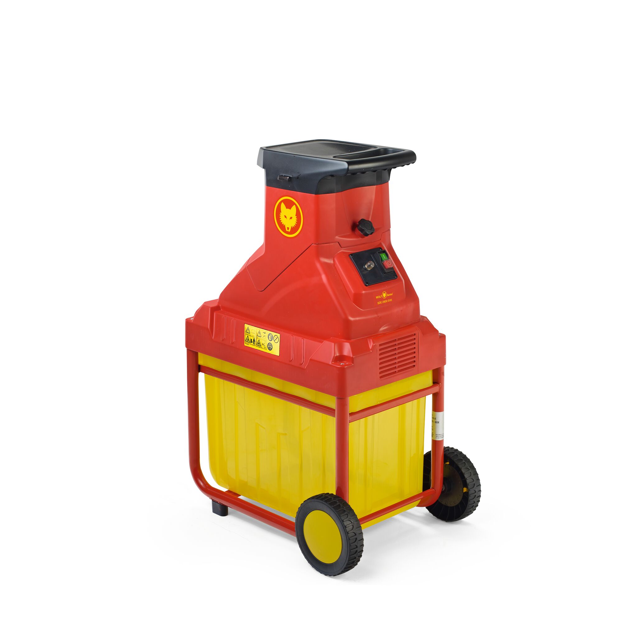 A red and yellow garden shredder with wheels, featuring the WOLFGarten logo, suitable for shredding branches and garden waste.