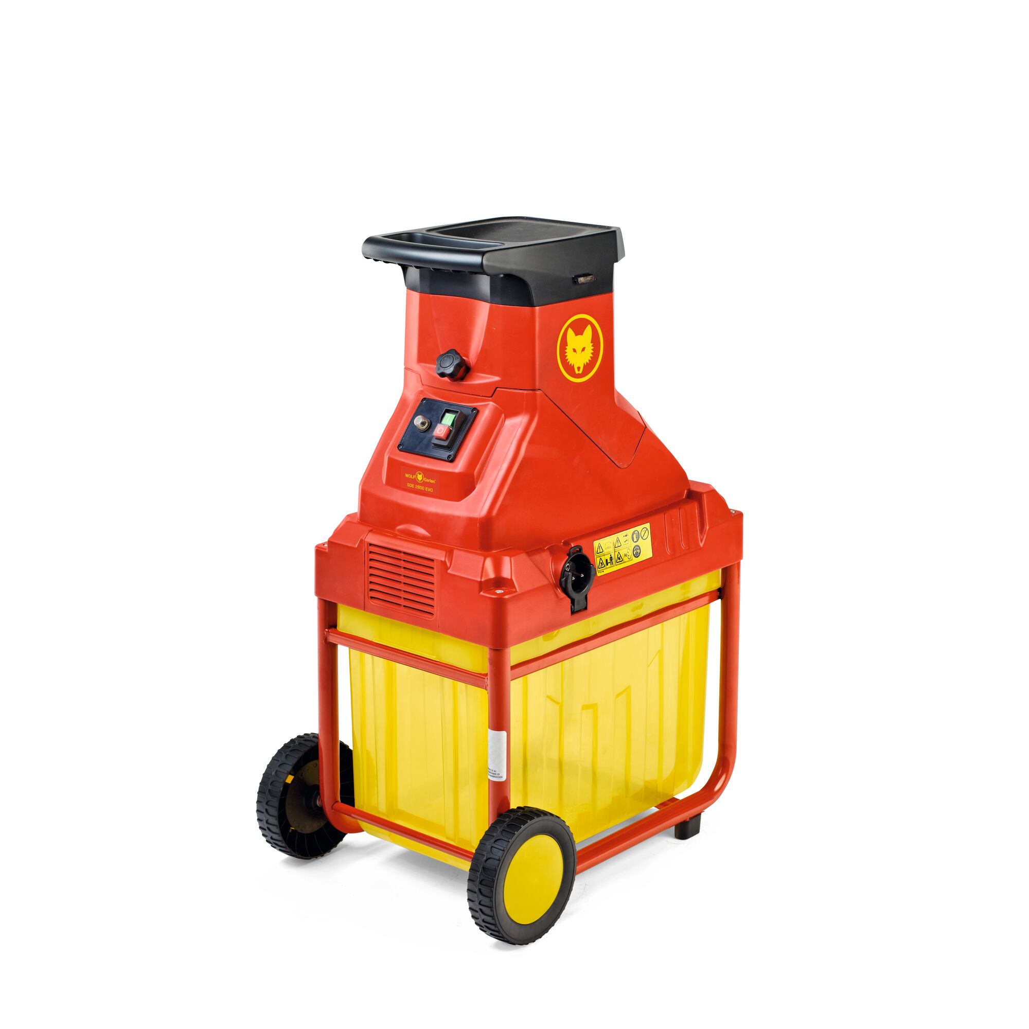 A red and yellow garden shredder with a plastic waste container and wheels, branded with the WOLFGarten logo.