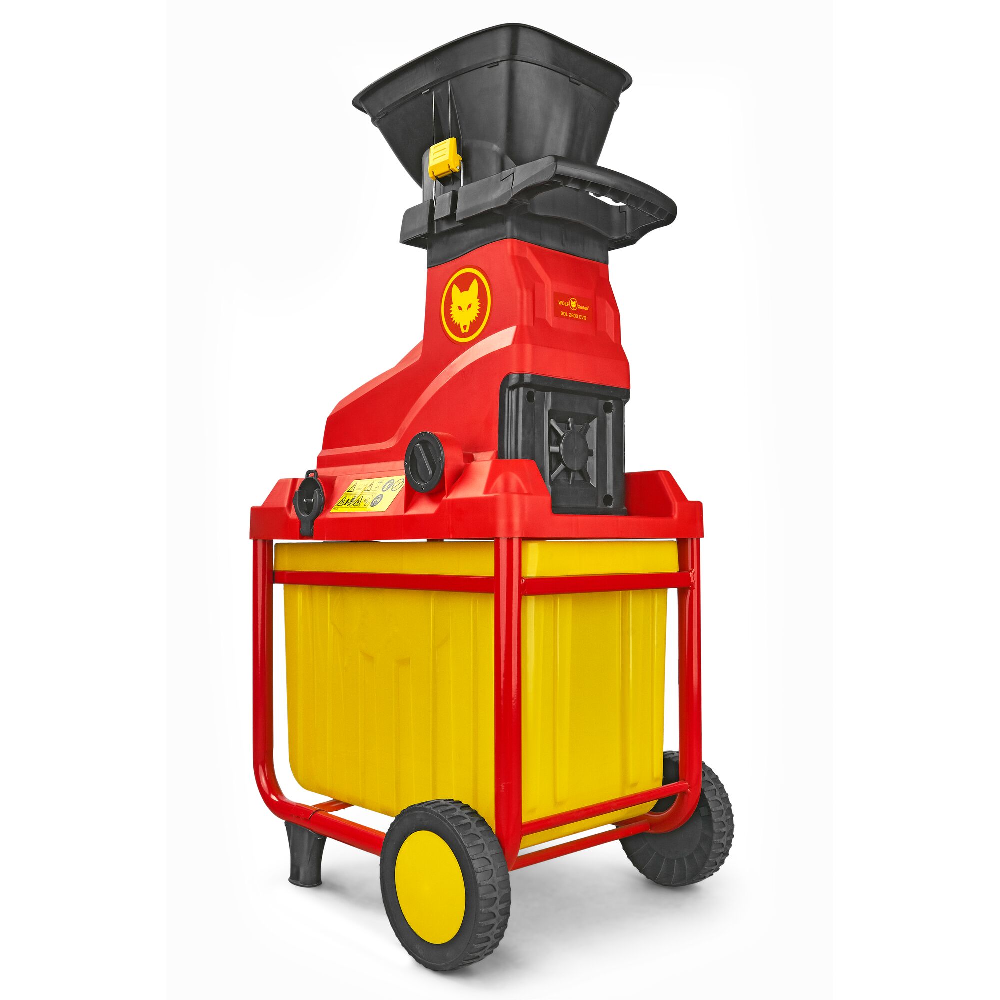 A brightly colored garden shredder with a red and yellow frame, large yellow wheels, and a black hopper on top. The shredder features the WOLFGarten logo and is designed for shredding garden waste.