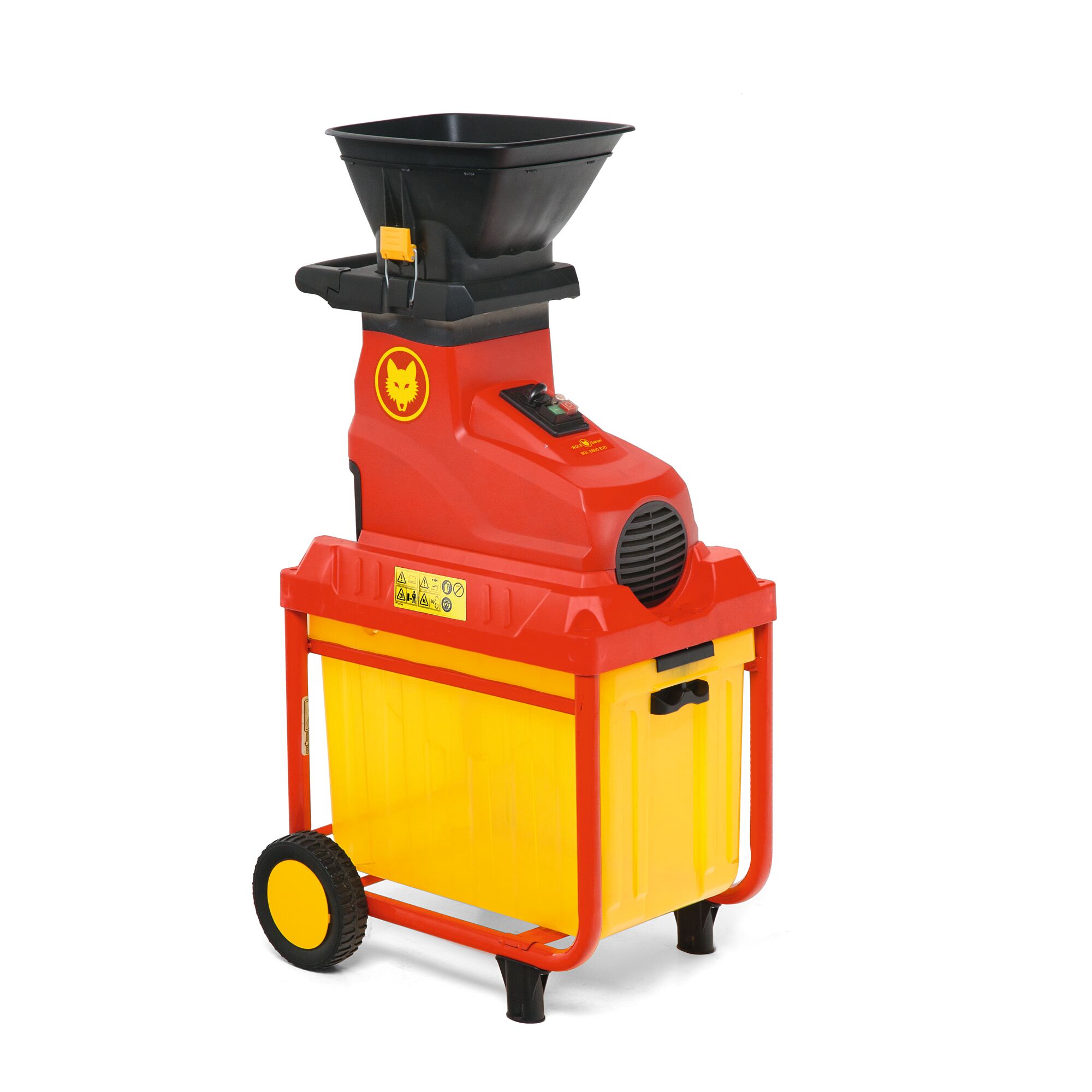 WOLFGarten electric garden shredder in red and yellow with a black hopper, wheels, and a yellow collection bin, designed for shredding garden waste.