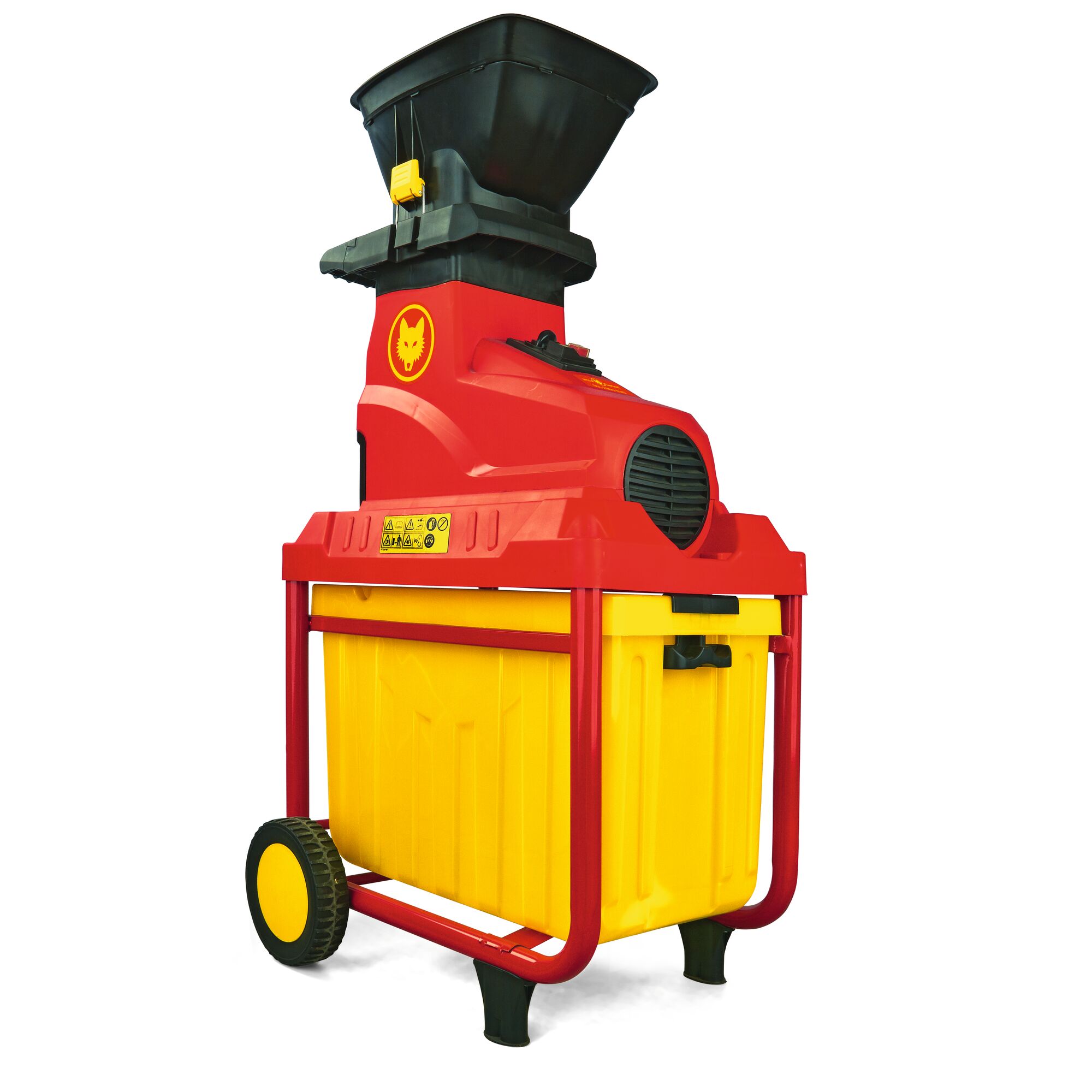 A red and yellow garden shredder with a large black hopper on top, wheels for mobility, and a yellow collection bin at the base. The product features the WOLFGarten logo on the side.