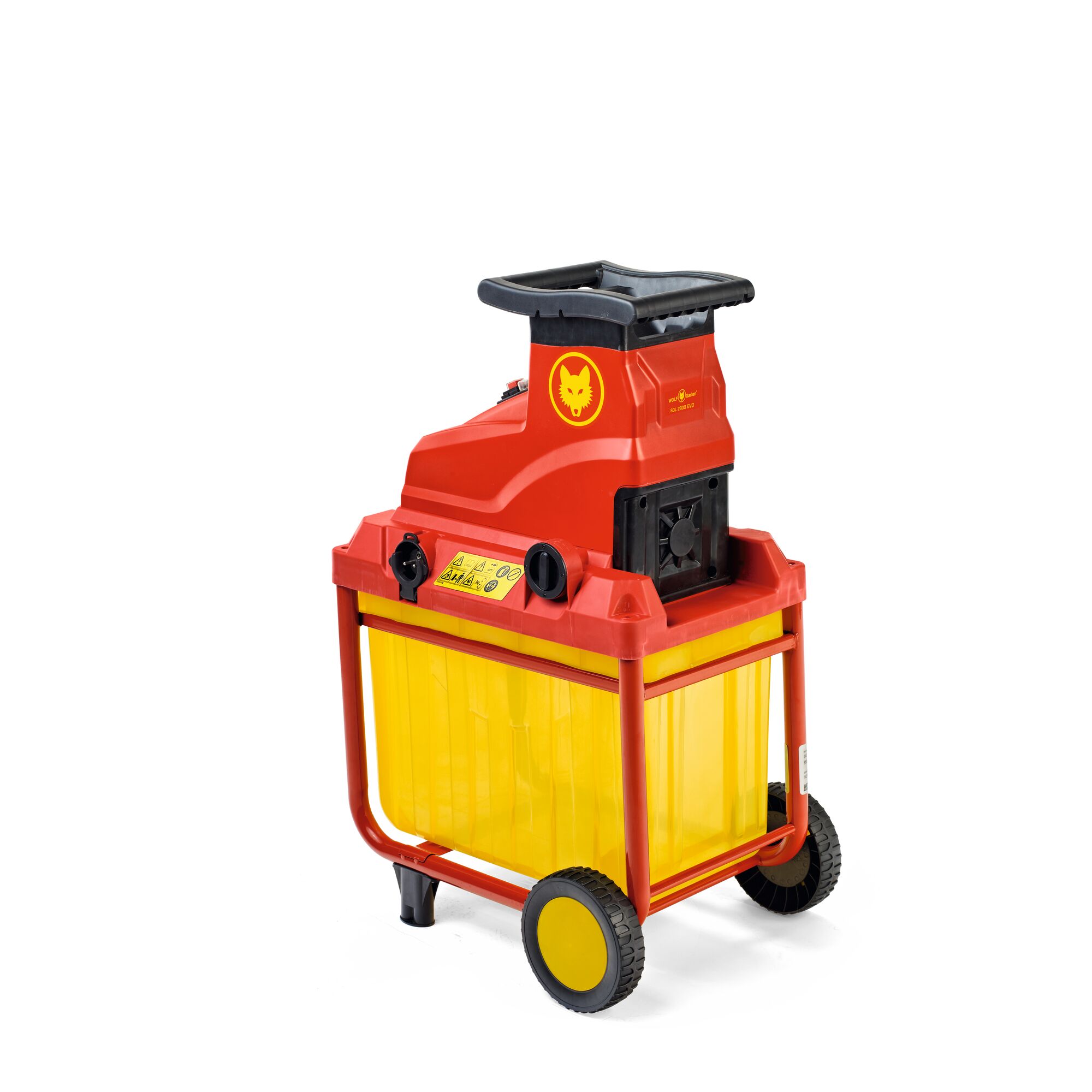 A WOLFGarten garden shredder with a red and yellow design, two wheels, a sturdy frame, and a collection box, photographed on a white background.