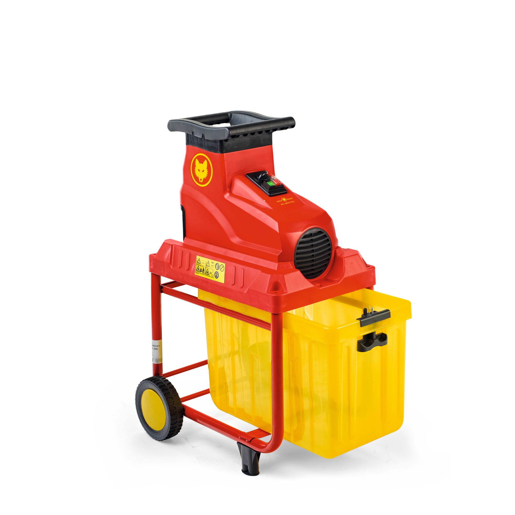 A red and yellow electric garden shredder with a sturdy frame and wheels for easy transport, featuring a yellow waste container attached below the shredding unit.