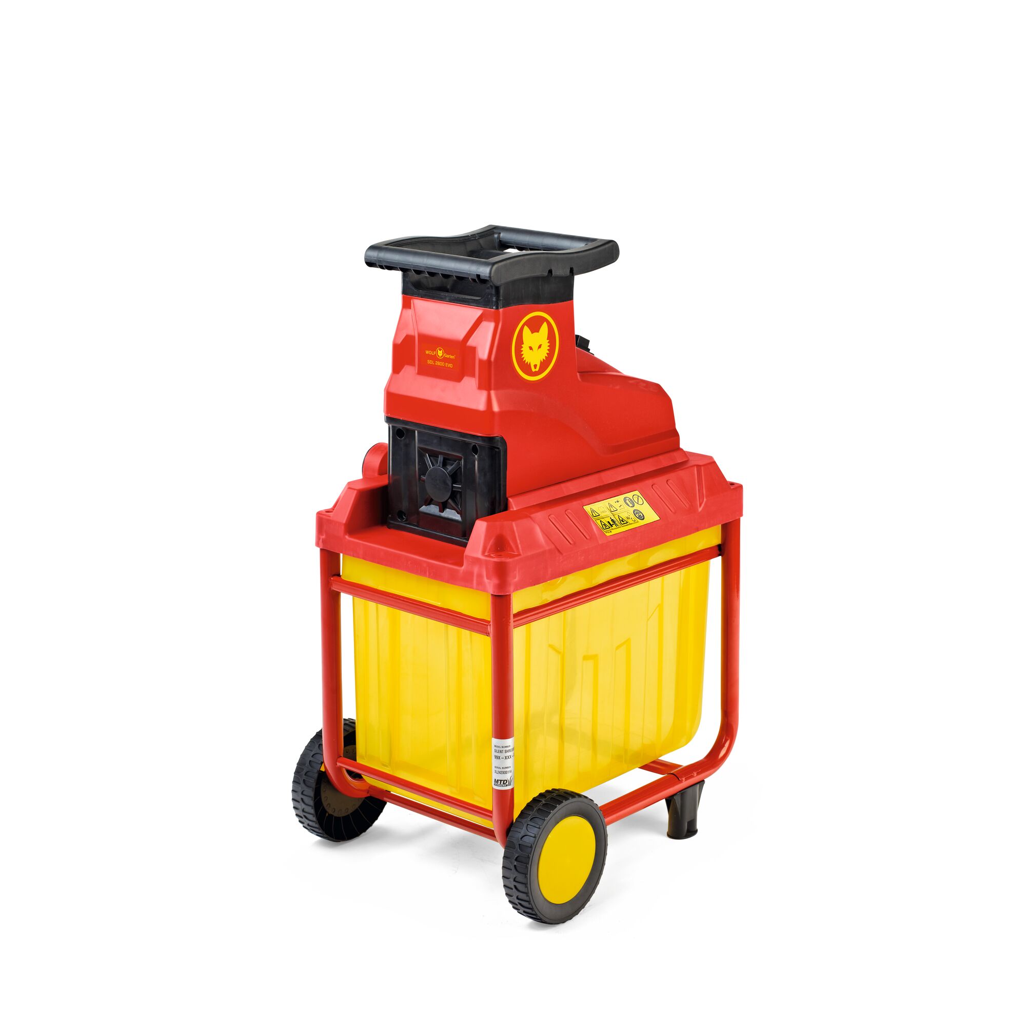 A WOLFGarten garden shredder with a red and yellow design, featuring a sturdy frame with wheels for easy mobility and a large yellow collection bin underneath.