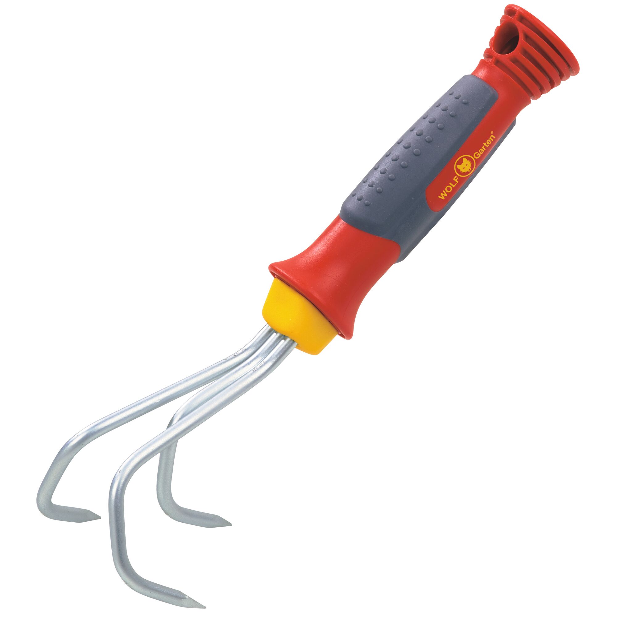A hand garden cultivator with three metal prongs and a red, yellow, and grey ergonomic handle, suitable for soil loosening and gardening tasks.