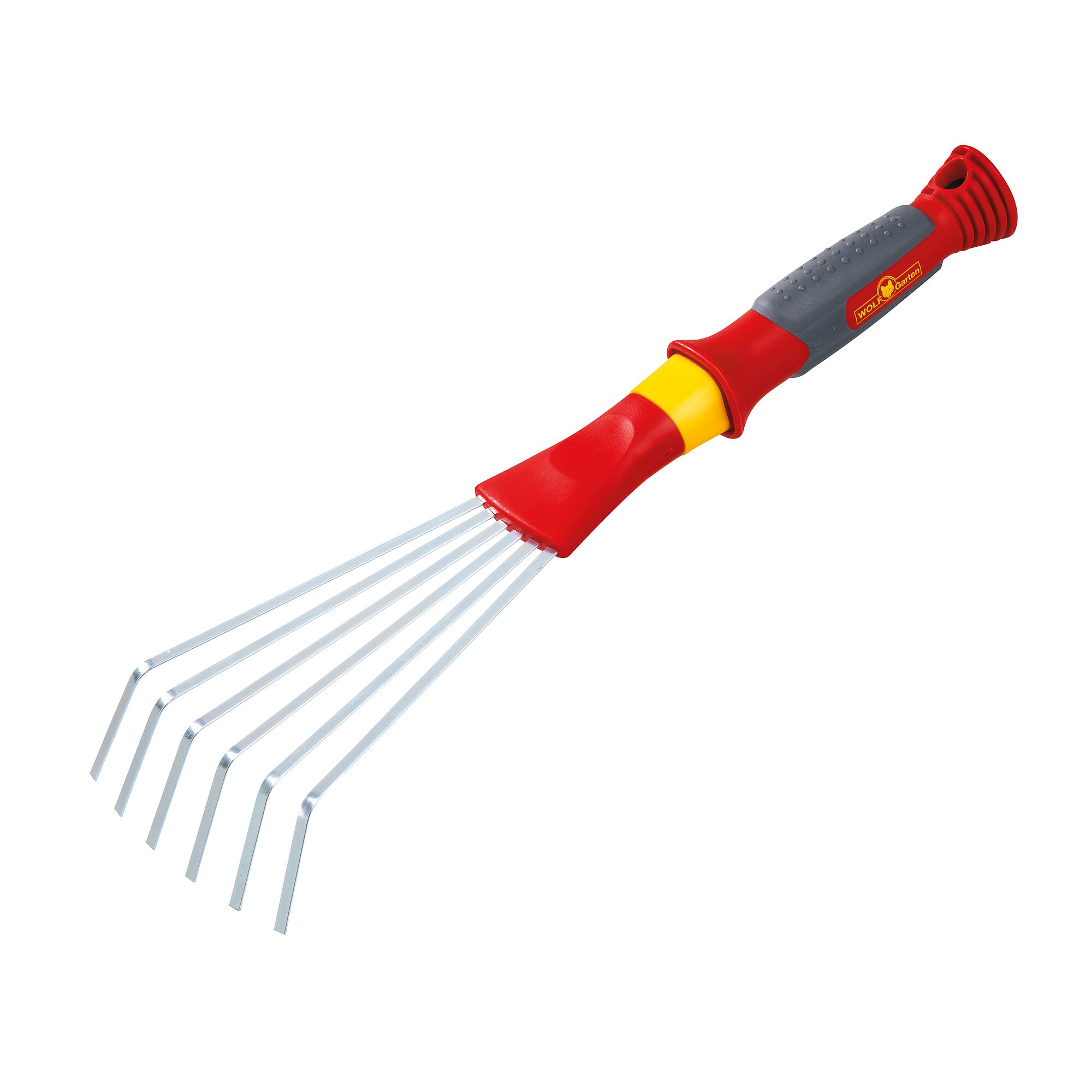 A WOLFGarten hand rake with a red, yellow, and grey ergonomic handle and six metal tines, designed for gardening tasks.