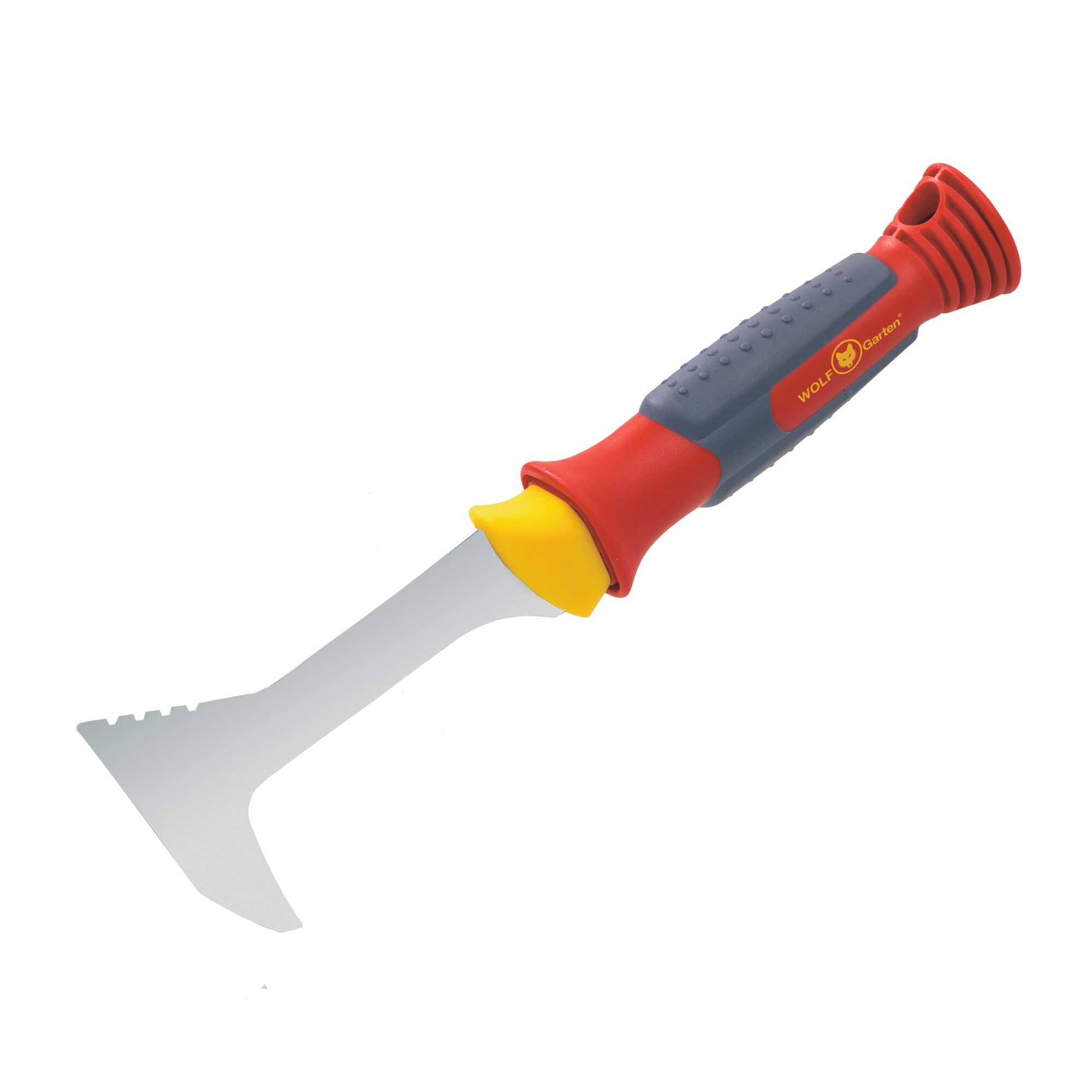 A WOLFGarten hand tool with a red, yellow, and gray handle and a metal blade, designed for gardening and weeding.