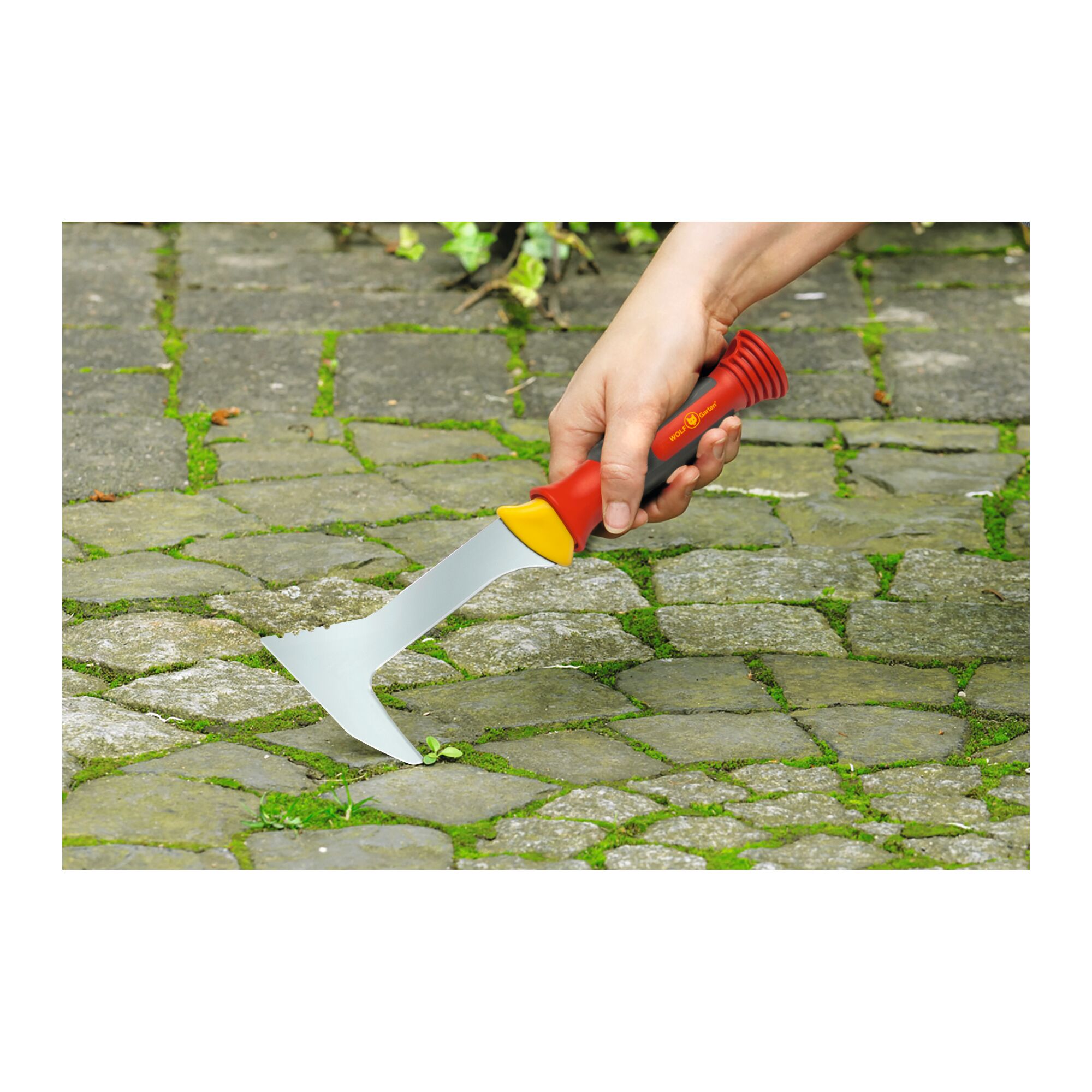 A hand using a WOLFGarten tool with a red and yellow handle to remove weeds from between stone pavement cracks.