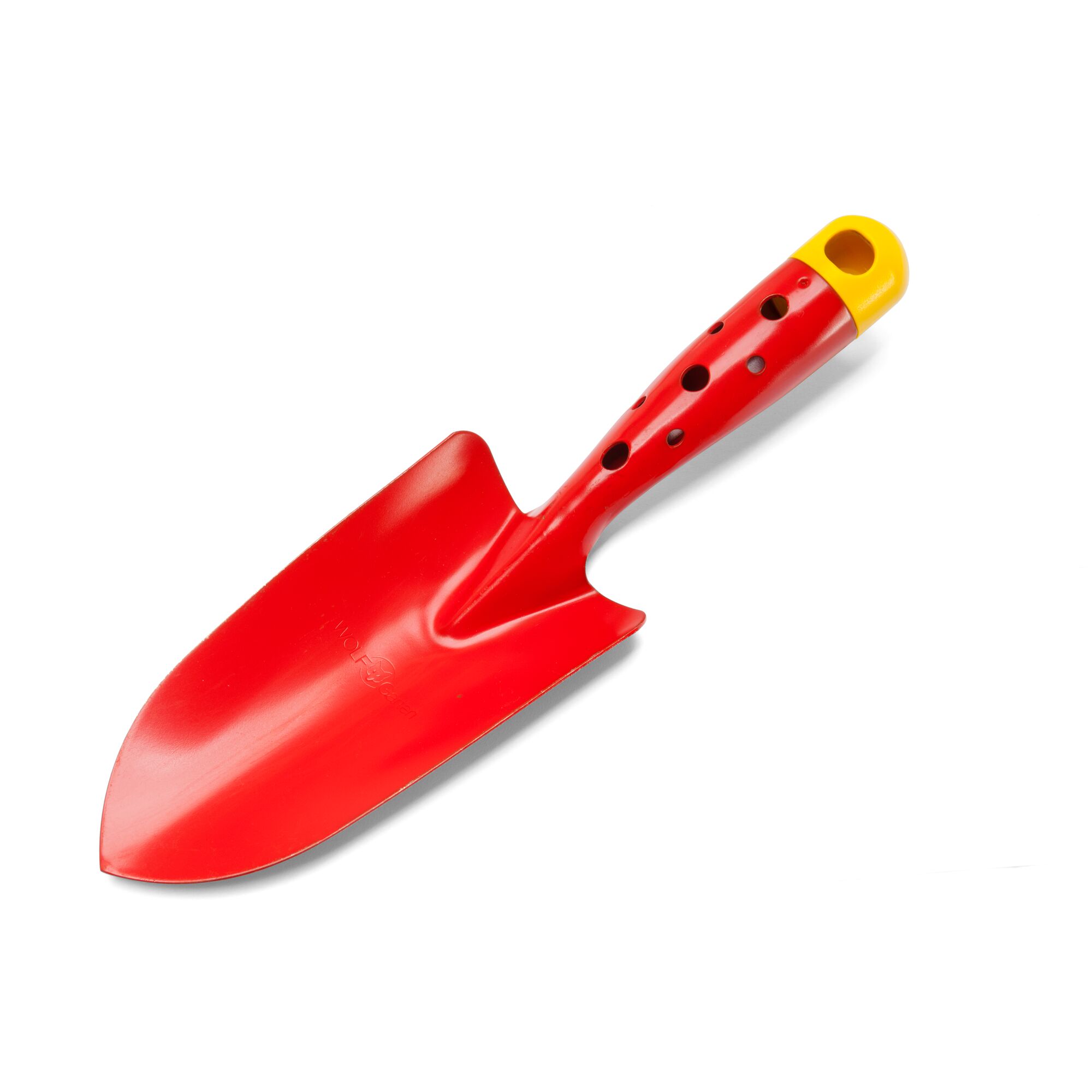 A red garden hand trowel with a yellow end on the handle, photographed on a white background.