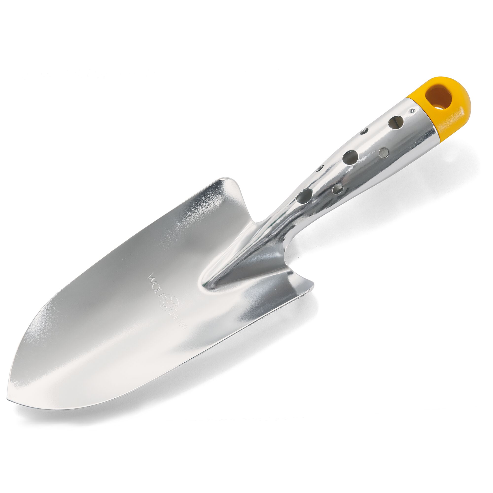 A metal garden trowel with a silver blade and handle. The handle has round holes and a yellow end with an opening for hanging.