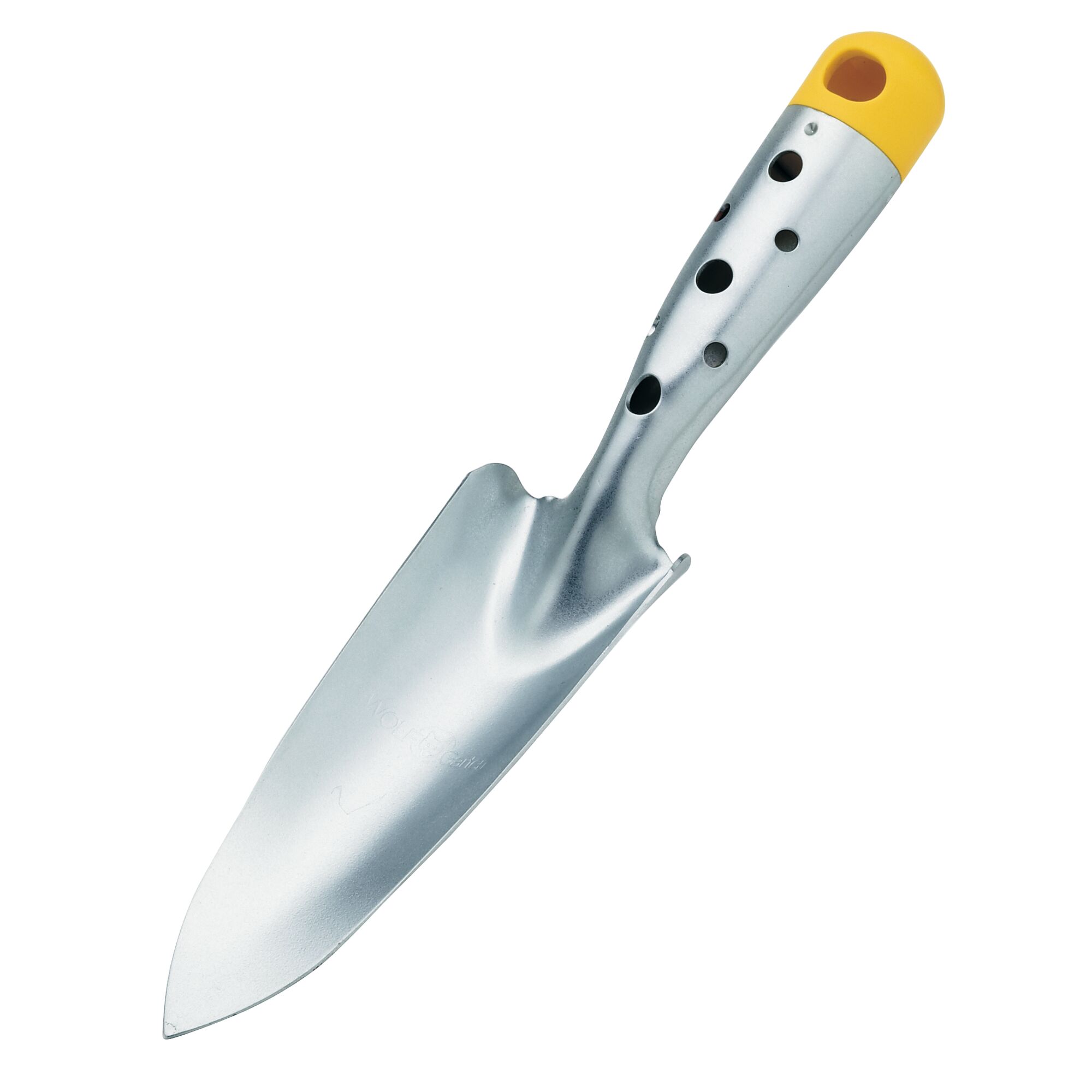 A metal garden hand trowel with a silver blade and handle, featuring several holes in the handle and a yellow end cap.