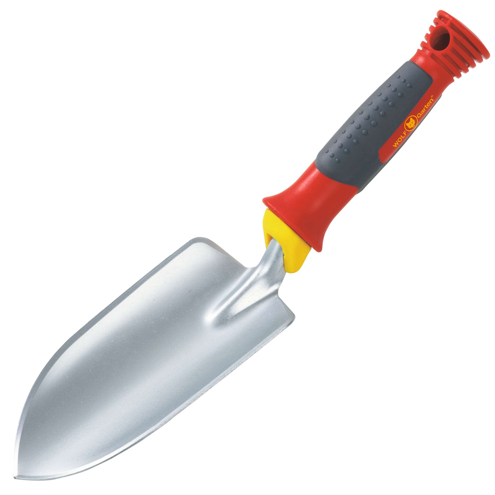 A gardening hand trowel with a silver metal blade and a red, yellow, and grey ergonomic handle. The handle features textured grip and branding.