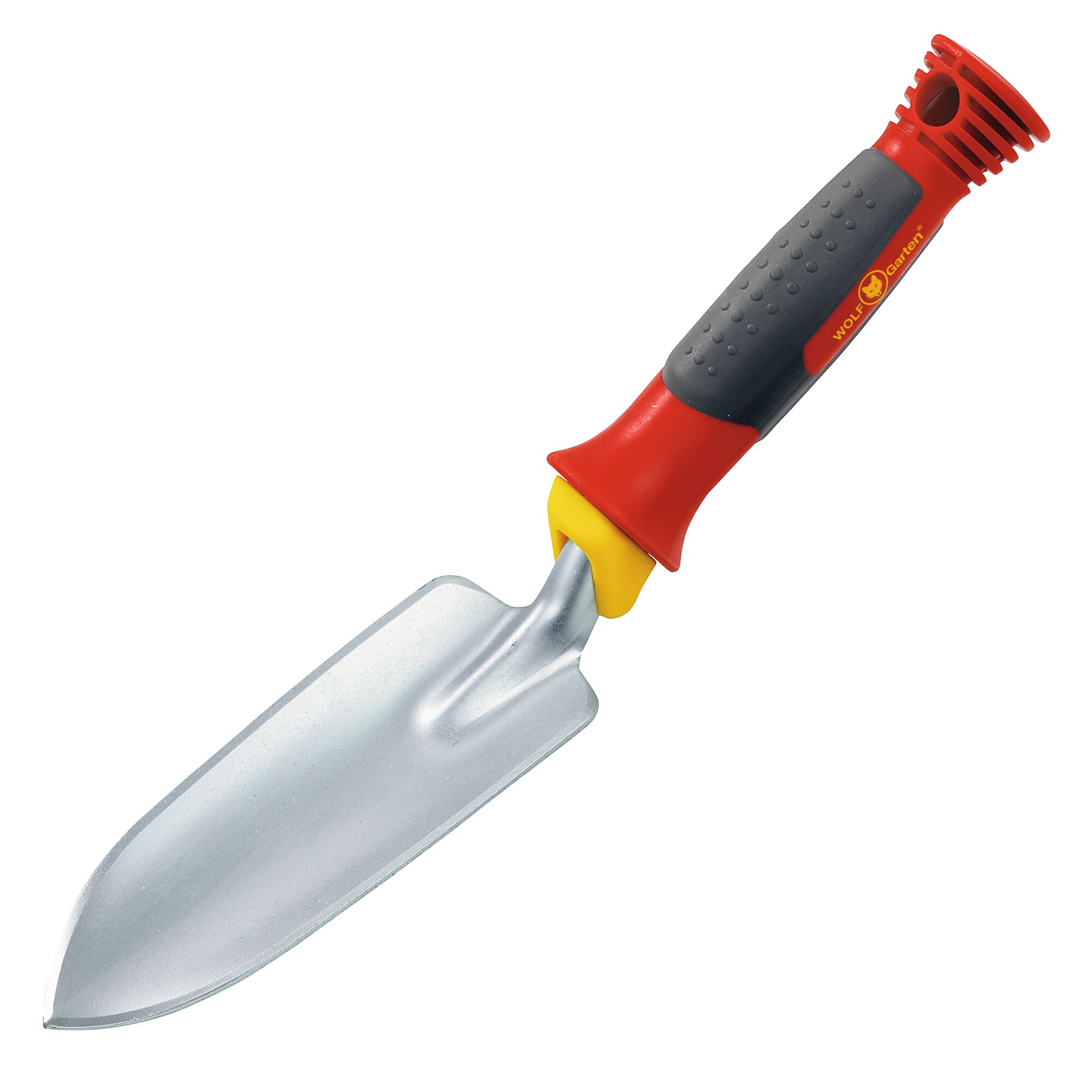 A gardening trowel with a silver metal blade and a red, yellow, and grey ergonomic handle, placed against a white background.