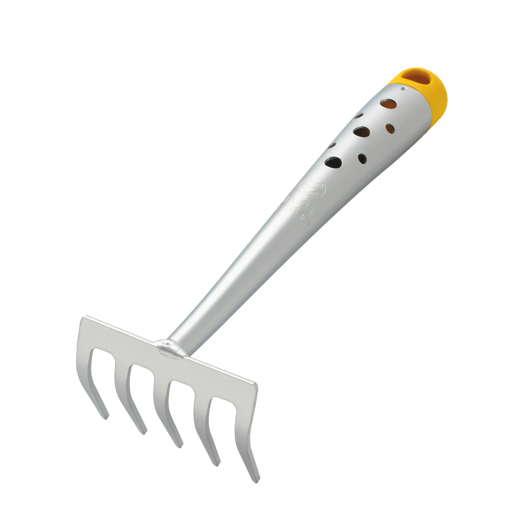 A small hand rake with a metallic handle, yellow tip, and five curved tines, typically used for gardening.