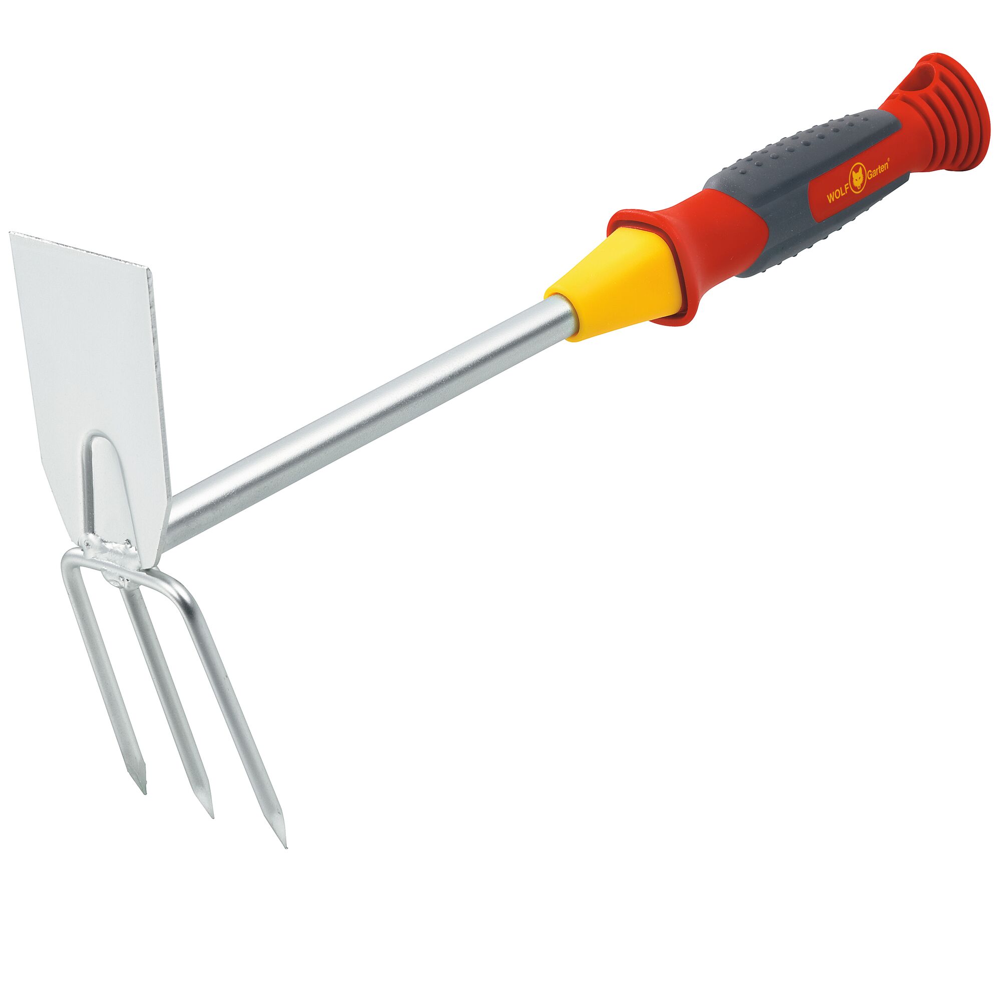 A WOLF-Garten gardening hand tool with a red and yellow ergonomic handle, featuring a three-pronged metal fork and a flat metal blade for soil cultivation.