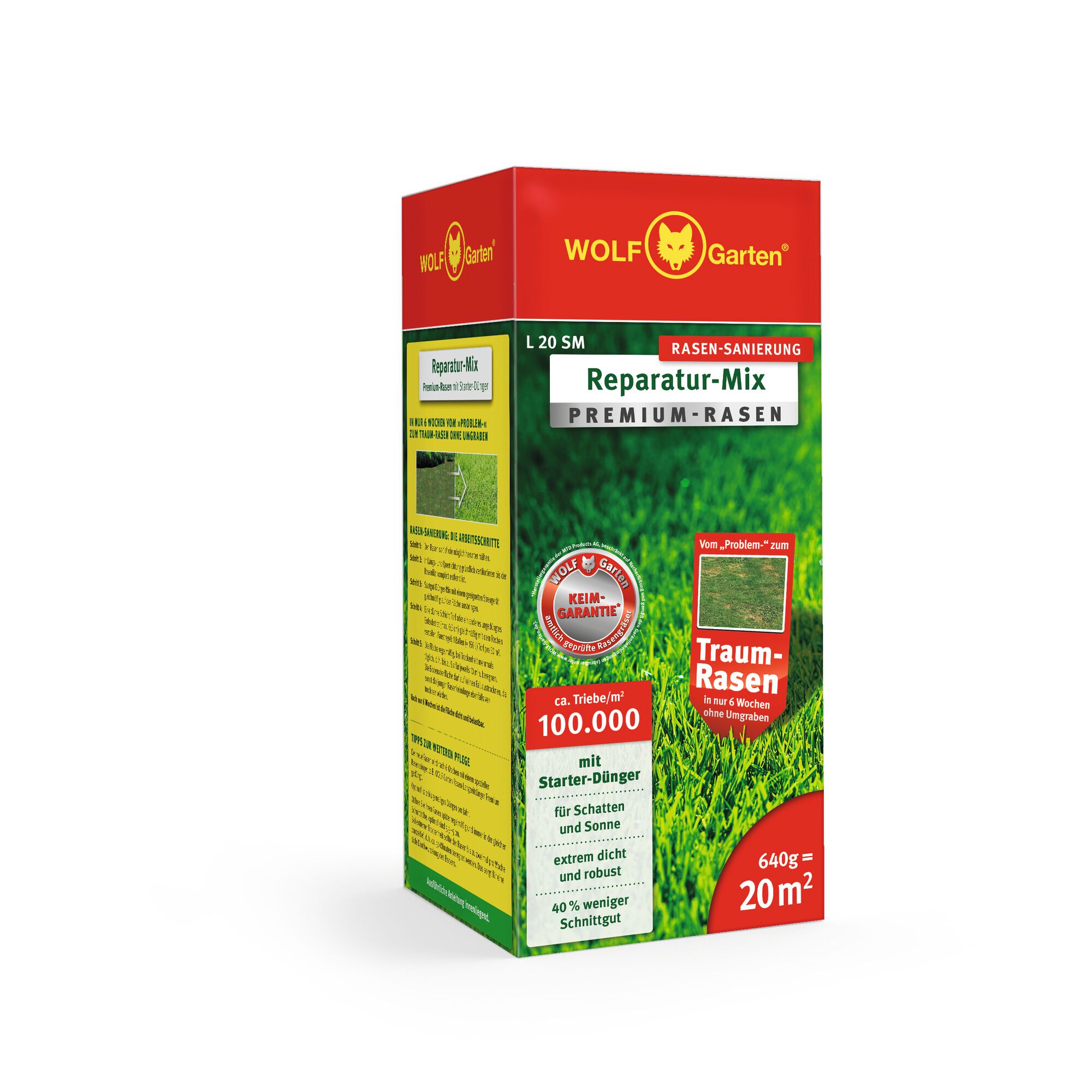A box of WOLFGarten Reparatur-Mix Premium-Rasen lawn repair mix, weighing 640 grams and covering 20 square meters. The packaging is mainly red and green with product details and information printed in German.