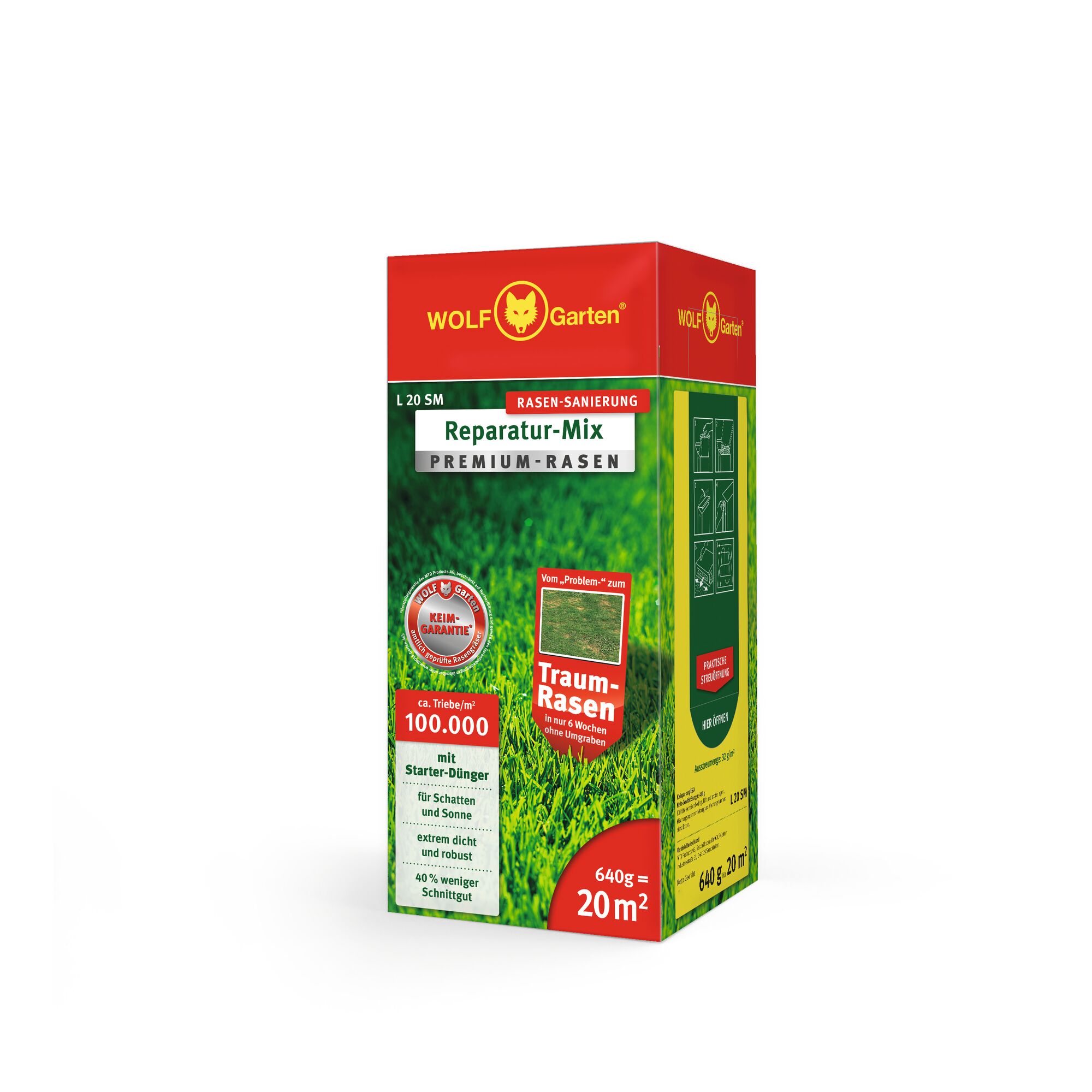 Rectangular box of WOLF Garten Reparatur-Mix Premium-Rasen, a lawn repair mix for premium grass. The box is mostly red and green, with information indicating it covers 20 square meters and weighs 640 grams. There are claims about germination guarantee, dense and robust grass, starter fertilizer, and suitability for shade and sun.