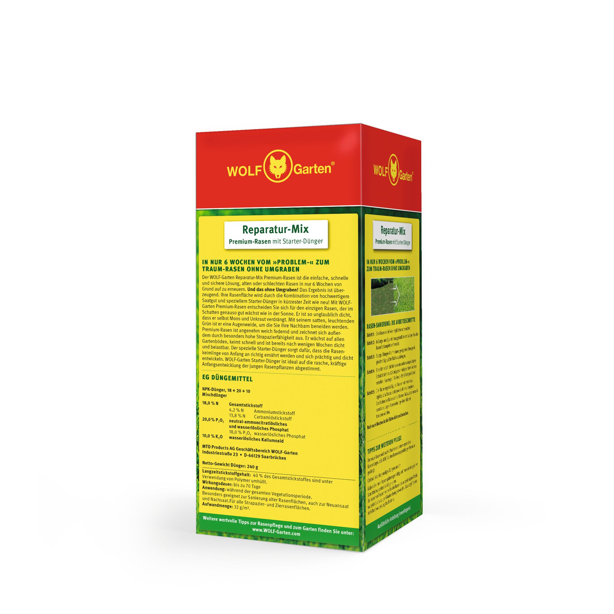Box of WOLF-Garten Reparatur-Mix, a premium lawn repair mix with starter fertilizer. The packaging is red and yellow, featuring product information and instructions in German.