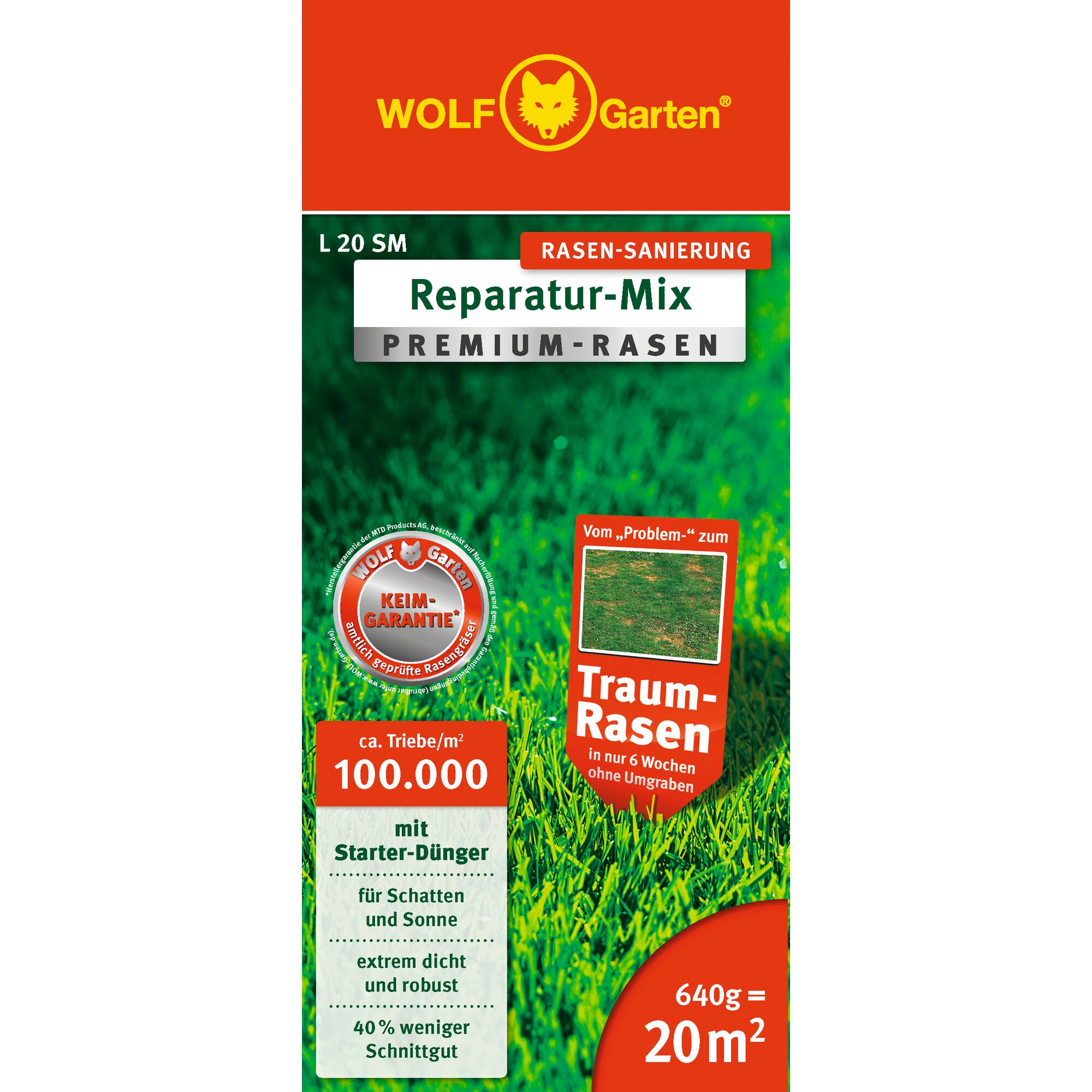 Packaging of WOLF Garten Reparatur-Mix Premium-Rasen, a lawn repair mix for premium grass. The box has a red and green design, includes the WOLF Garten logo, and lists features such as germination guarantee, suitable for shade and sun, robust and dense grass, starter fertilizer, less clippings, and coverage of 20 square meters with 640g.