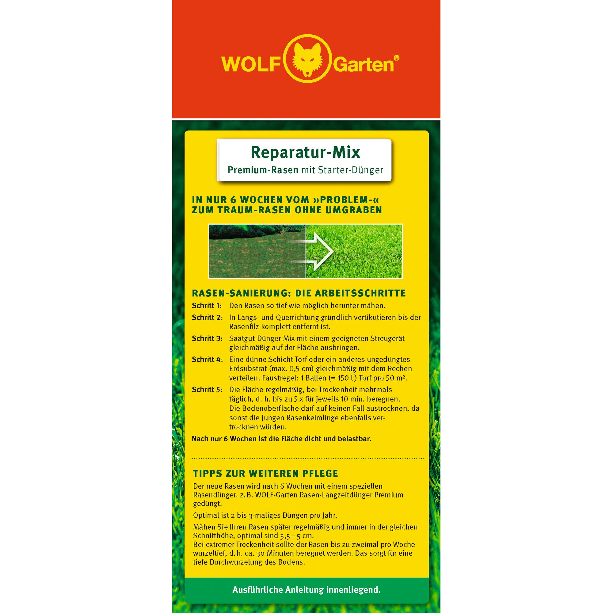 Front packaging of WOLFGarten Reparatur-Mix. The product is a premium lawn repair mix with starter fertilizer. Instructions for lawn renovation and further care tips are written in German, including steps for mowing, applying the mix, and watering. The pack encourages achieving a beautiful lawn in 6 weeks without digging, and includes guidance for long-term lawn maintenance.
