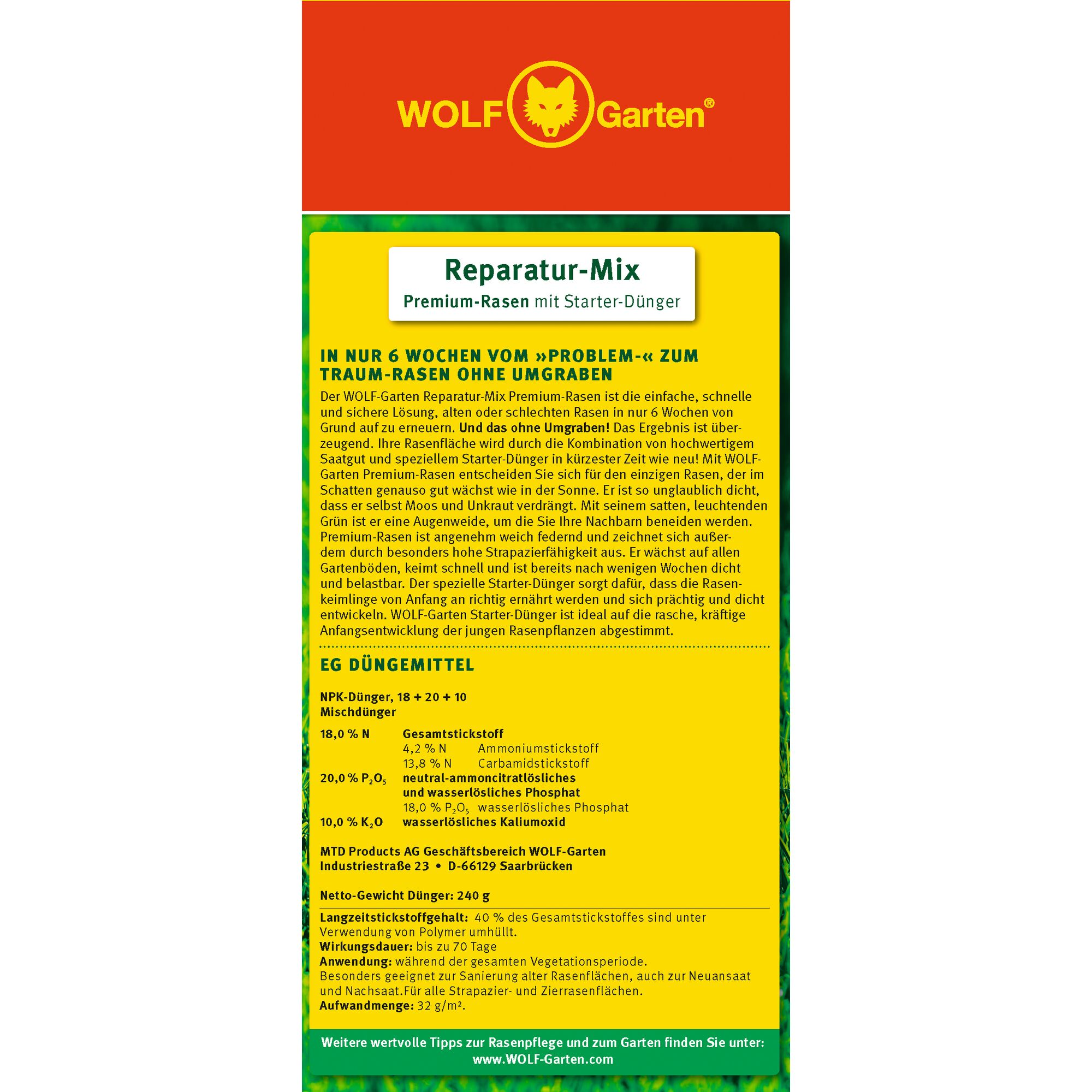 Front packaging of WOLF-Garten Reparatur-Mix, a premium lawn repair mix with starter fertilizer. The package features the WOLF-Garten logo at the top, followed by a yellow section describing the product benefits and instructions in German. Key features include rapid lawn repair without digging, quick results in 6 weeks, and details about the fertilizer ingredients and usage instructions.