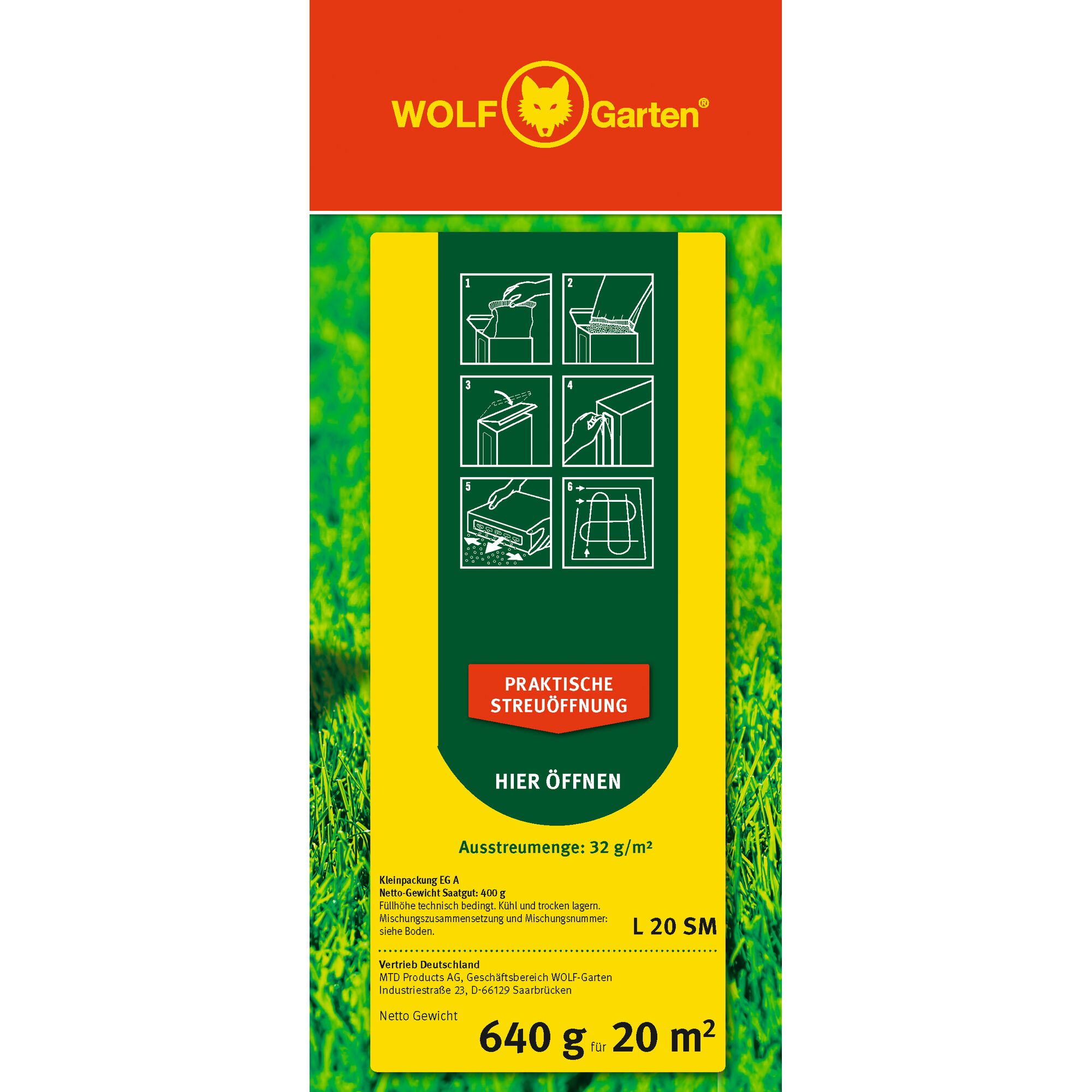 WOLFGarten product packaging for lawn seed. The package is primarily yellow and green with a red section at the top displaying the WOLFGarten logo. Instructions for use are illustrated in six steps, and text below explains dosage, contents, and coverage area. The package covers 20 square meters with 640 grams of product.