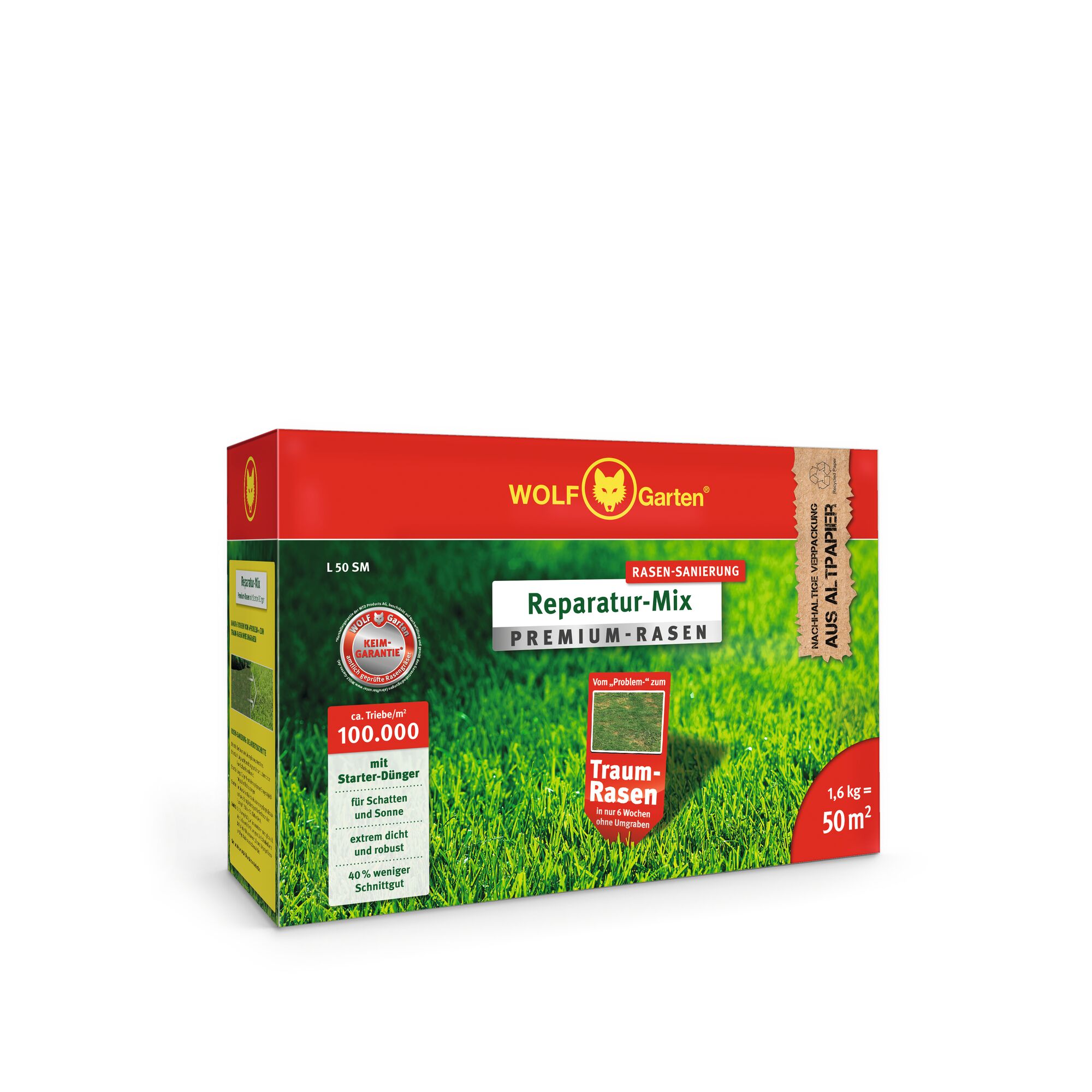 Box of WOLF-Garten Reparatur-Mix Premium-Rasen, a grass seed repair mix for lawn restoration, with red and green packaging showing product details and coverage area of 50m².