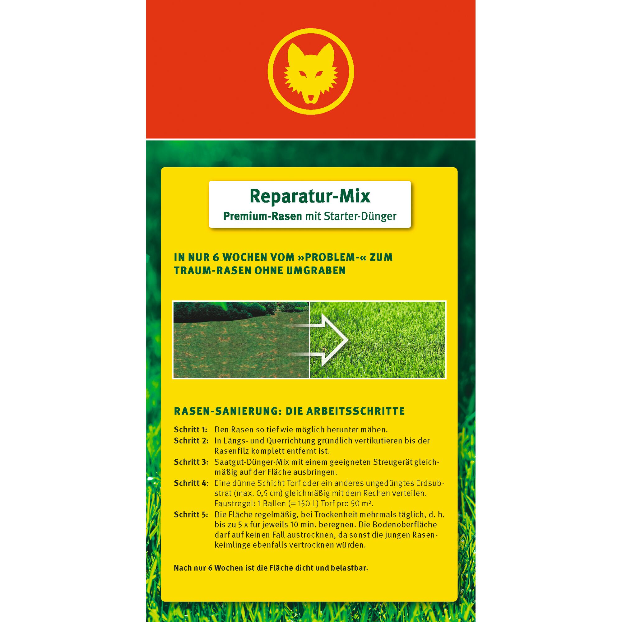 Packaging of WOLFGarten Reparatur-Mix for lawn repair, with Premium Lawn and starter fertilizer. The package features step-by-step lawn restoration instructions in German and an image showing a before-and-after of lawn recovery. The top part has a wolf-head logo.