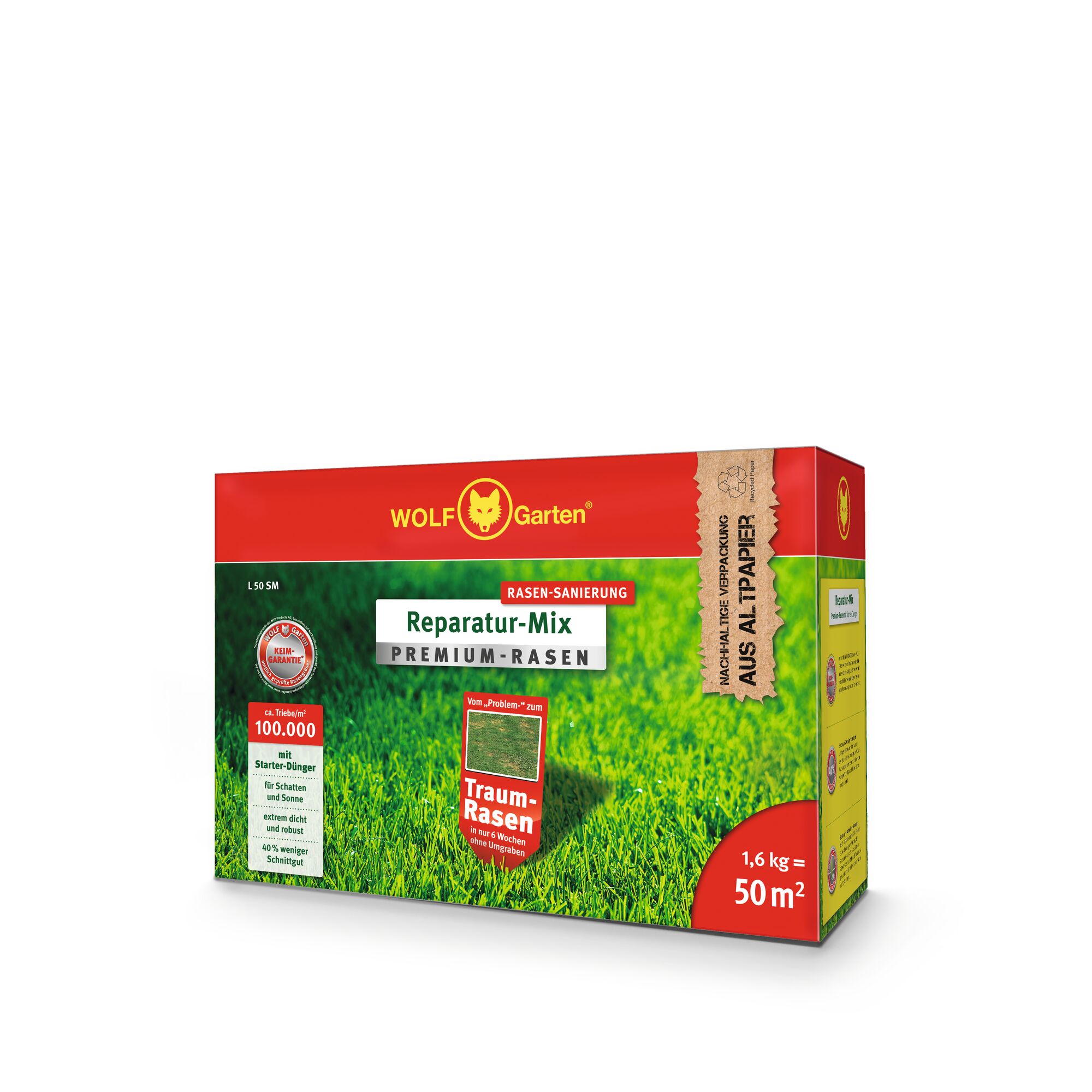 A rectangular box of WOLF-Garten Reparatur-Mix Premium-Rasen lawn repair mix for 50 square meters, weighing 1.6 kg. The packaging is mostly red and green, featuring product information and branding.