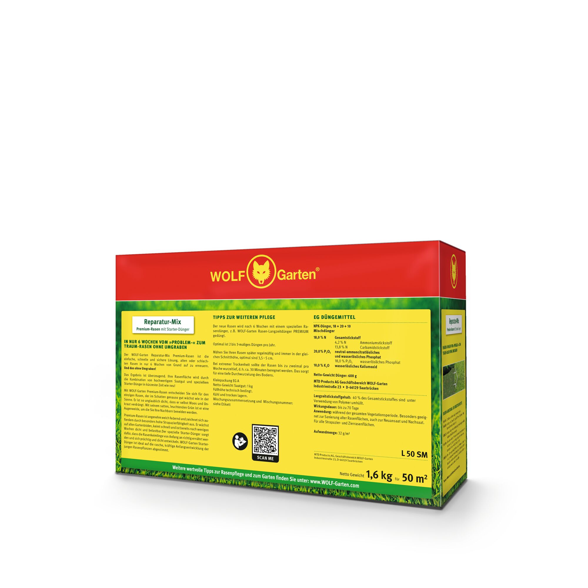 A rectangular box of WOLF-Garten lawn repair mix with a red and yellow design. The packaging features the WOLF-Garten logo, product information, usage instructions, and a QR code. The text is mainly in German.