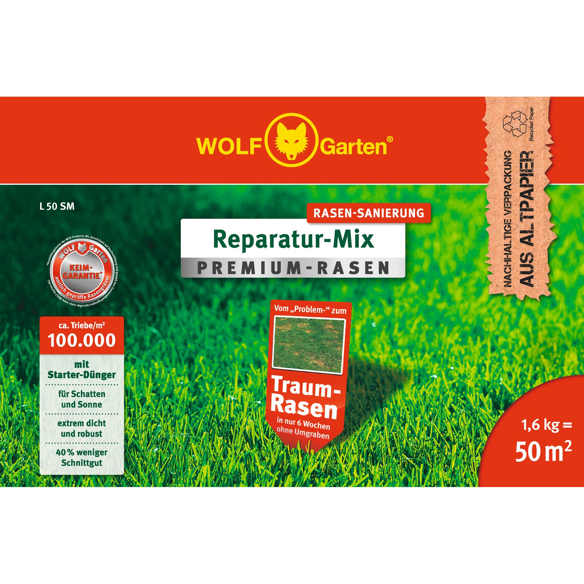 Packaging of WOLF Garten lawn repair mix 'Premium-Rasen', showing a bright green lawn background. The product information highlights features like starter fertilizer, high density of grass shoots, suitability for shade and sun, durable and robust results, and coverage for 50 square meters. The package also mentions sustainable packaging made from recycled paper.